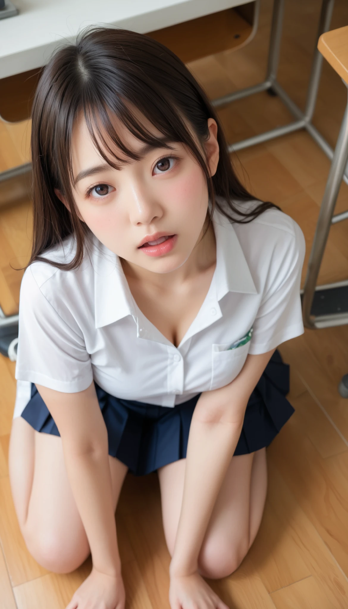 realistic, medium breasts、((white shirt)) , ((angle from above))、((curvy body))、 It looked like they were brushing、 GIRL STUDENT、 pleated skirt on indoor floor 、((close-up on the face))、high school shirt、In my room、(( embarrassed expression))Attractive、 Open Your Mouth Slightly and Seduce Me、(angle、She is looking up) In the classroom、