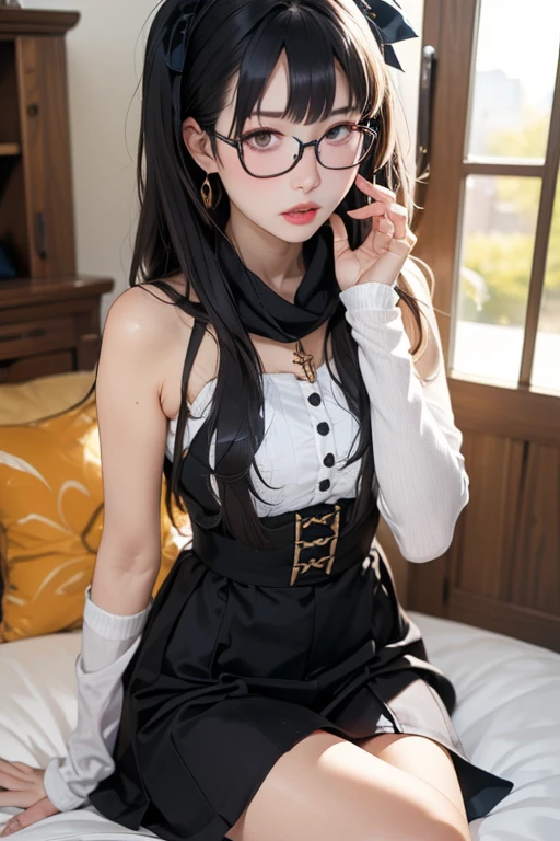 Arafed Mujer con gafas y un top negro posando para una foto, cruel korean goth girl, El estilo de Junji Ito, de chica taiwanesa con tatuajes, Estilo Junji Ito, Chica de anime en la vida real, her belly button is exposed, 1 7 - year - old anime goth girl, Personaje de anime; Arte de cuerpo completo, Chiho, 🤤 girl portrait, (((((desnuda))))), (((ojos rojos)))