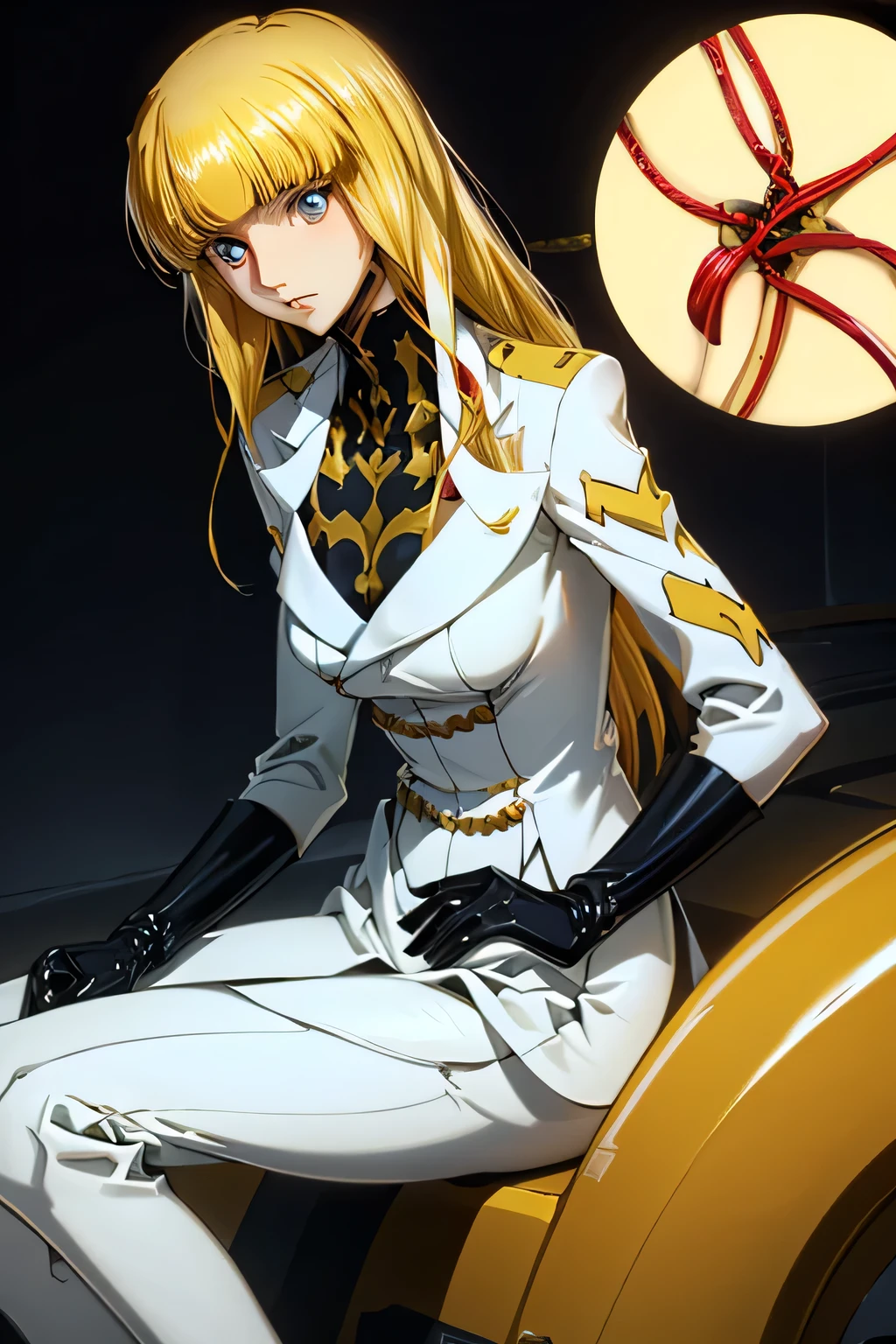 PERFECT ANATOMY top quality,highest resolution,(((shiny latex white military uniform Shiny Blonde Dark blue eyes shiny skin))) cord gears Monica long hair straight expressionless flat chest woman cool