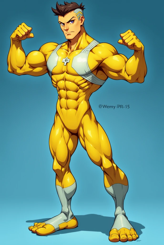 blue boots , yellow shoulder pads, blue helmet , Brown hair , green eyes, Blue suit, 1 boy, full body, masculine, muscular, happy, megaman.exe ,muscle , bodybuilder ,hypermuscle , human , boy , male , Pecs , Big , huge butt , alone
