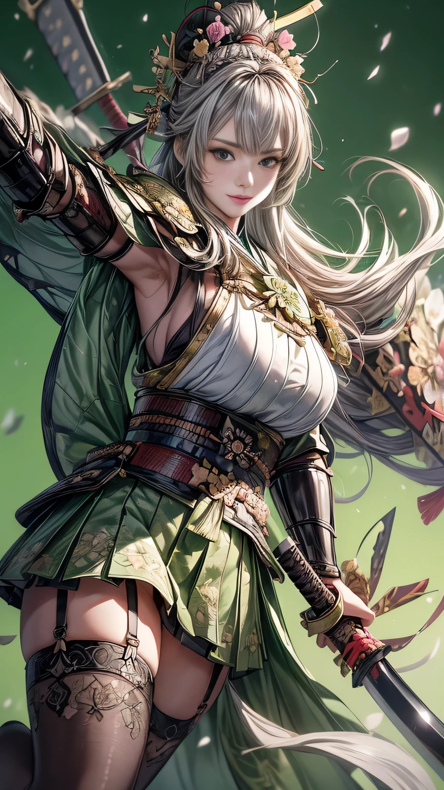young woman,Oiran,warrior,(wielding a huge_weapon:1.6), very detailedな, realist,(selfie shot:1.6),(combat posture:1.8), Brilliant Appearance ,extremely detailed, Imaginative,sensual ,top quality, skin texture,(Milkmaid braid hair),(Ash gray hair:1.3),(huge breasts),(sideboob),(Samurai armor:1.6),(White Cloak), (gypsy skirt),(garter belt:1.3),(black tights at a distance),(absolute region with to), Intricate Details ,(cinematic lighting),(pastel green background:1.3), (Flower Annabelle confetti:1.3),(Flower Annabelle:1.3), RAW photos , 8k, masterpiece, top quality,ultra detail,very detailed, Intricate Details ,high resolution,超Intricate Details,very detailed 8k cg wallpaper,