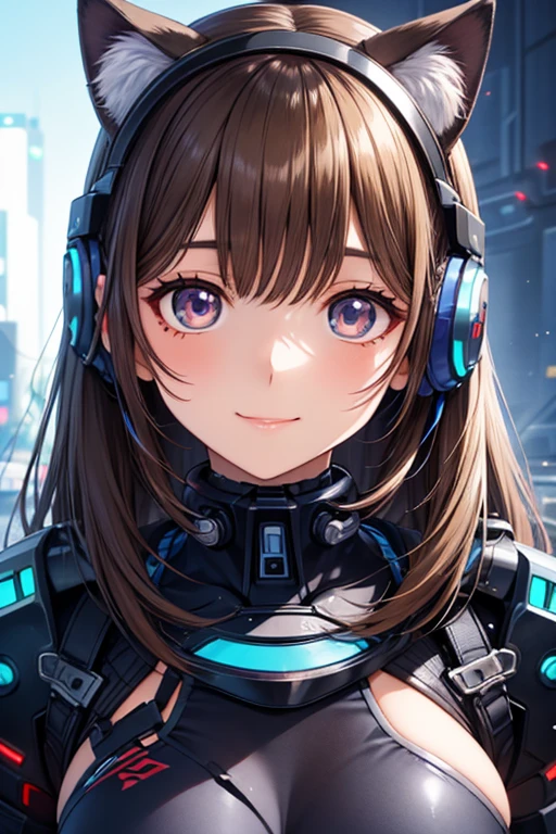 masterpiece, best quality, cute_face, pretentious_face, twintails, medium_hair, hair_between_eyes , blue_eyes, black_hair, cyberpunk, mechanical parts, mechanical girl, head gear, <lora:shi2:1>, 1girl, medium breasts,