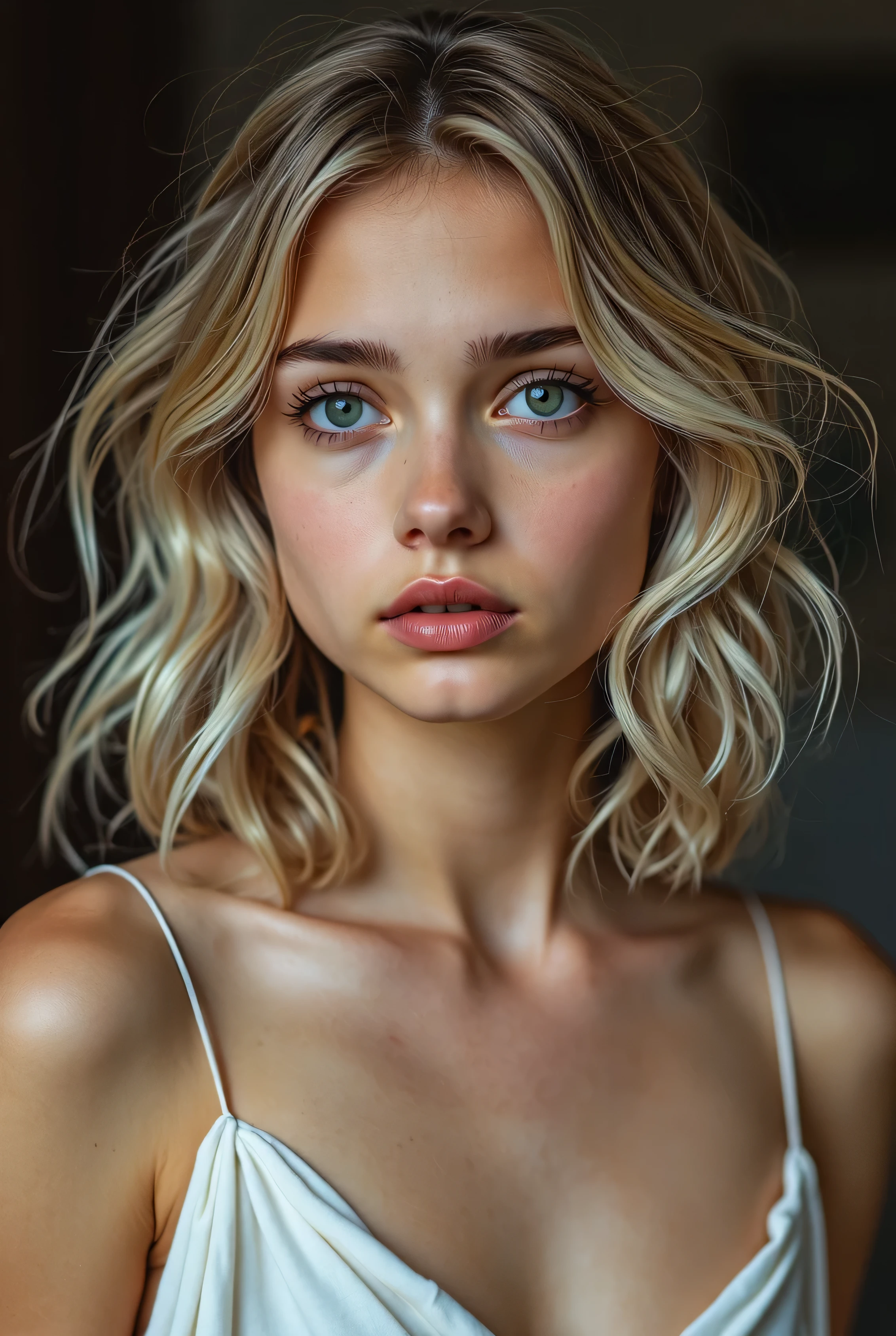 A -yeld gi Champagne-colored hair at shoulder length is wavy and messy but shiny, The almond-green eyes are framed by the long lashes and slightly arched eyebrows slightly darker than the hair, The short nose with a raised base and a straight outline is slightly ribbed, your lips in the shape of a heart with a Cupid's bow, the cream and velvety skin was slightly blushed, The hourglass body is slender and angular but is still voluptuous due to its small droplet breasts, her short stature matched the Greek tunic that the girl wears.