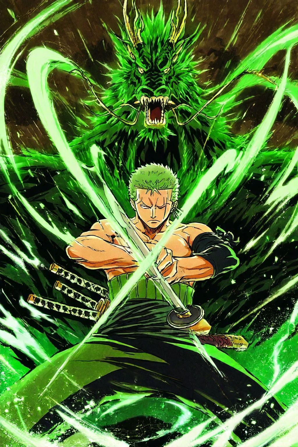 Roronoa Zoro is fighting, green dynamic swirls, a mystical green dragon aura aims his katana with precision, surrounded by swirling ethereal green energy, epic scene, 3 katanas, muscle details, anime style, best resolution, best quality, dynamic lighting, cinematic composition