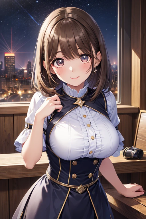 ((best qualityer, 8K, work of art :1.3)), all-body, sharp focus :1.2, a beautiful woman with perfect figure :1.4, slendered abs :1.2, ((dark brown hair, breasts big :1.2)), body dress :1.1, (Night city view, Modern balcony :1.1), Highly detailed texture of face and skin, detailedeyes, double eyelid, Small bust, OL Uniform, DESK Wear, white undershirt, Exposed cleavage, (black pantyhose), (witheout panties), interior scene, DESK