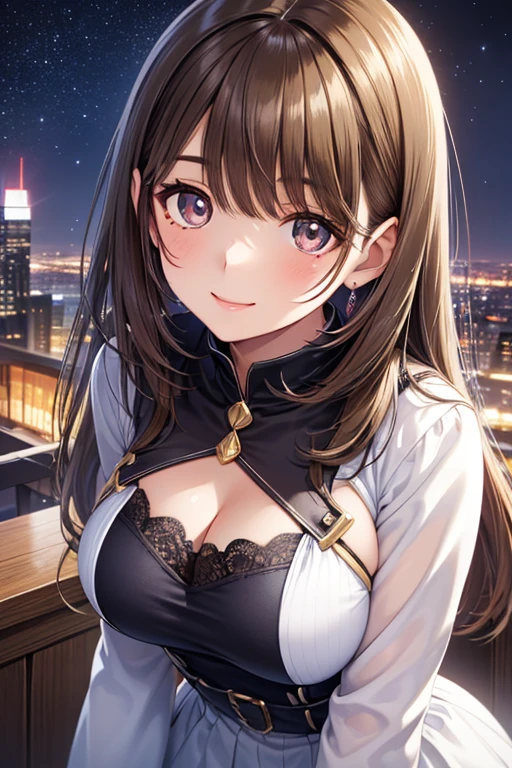 photographrealistic, (8K, Raw photo, Best Quality, masutepiece:1.2), high-definition RAW color photography, professional photograpy, Cowboy Shot, (Realistic, photographrealistic:1.37),Cinematic Light, (finery detailed face:1.2), Cowboy Shot, Thigh 1 girl, 18〜28 year old, Very cute, Very beautiful, photographrealistic, Event Companion, BREAK, White skin, Real Human Skin, (Detailed face), oval-face, pores, 超A high resolution, BREAK, slim, (Medium - large breasts:1.37, cleavage:1.37), (Look straight at the viewer with calm, goddess-like happiness:1.2), (Lifter Gloss, Eyelashes, gloss-face, Best Quality, 超A high resolution, Broad lighting, Natural Shading), Brown fine hair, Bangs, BREAK, (Black Sleeveless Turtle Sweater:1.3, Black Box Pleated Skirt:1.3), ((Night Midtown View, Star, Starry sky)), ((lightsmile, Open mouth:1.5, a sultry, in heat, blush, Seductive emotions, agitation)), ((From below)), Blurry background, Bokeh, depth of fields, Cowboy Shot:1.3, Centered image,
