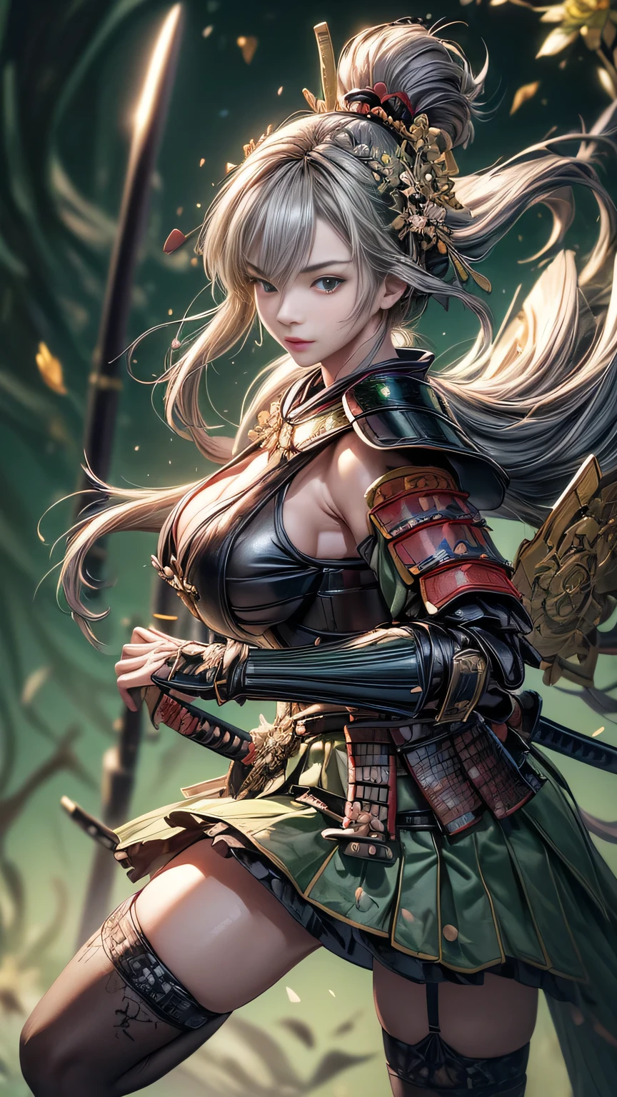 young woman,Oiran,warrior,(wielding a huge_weapon:1.6), very detailedな, realist,(dutch angle:1.6),(combat posture:1.8), Brilliant Appearance ,extremely detailed, Imaginative,sensual ,top quality, skin texture,(Milkmaid braid hair),(Ash gray hair:1.3),(huge breasts),(sideboob),(Samurai armor:1.6),(White Cloak), (gypsy skirt),(garter belt:1.3),(black tights at a distance),(absolute region with to), Intricate Details ,(cinematic lighting),(pastel green background:1.3), (Flower Annabelle confetti:1.3),(Flower Annabelle:1.3), RAW photos , 8k, masterpiece, top quality,ultra detail,very detailed, Intricate Details ,high resolution,超Intricate Details,very detailed 8k cg wallpaper,