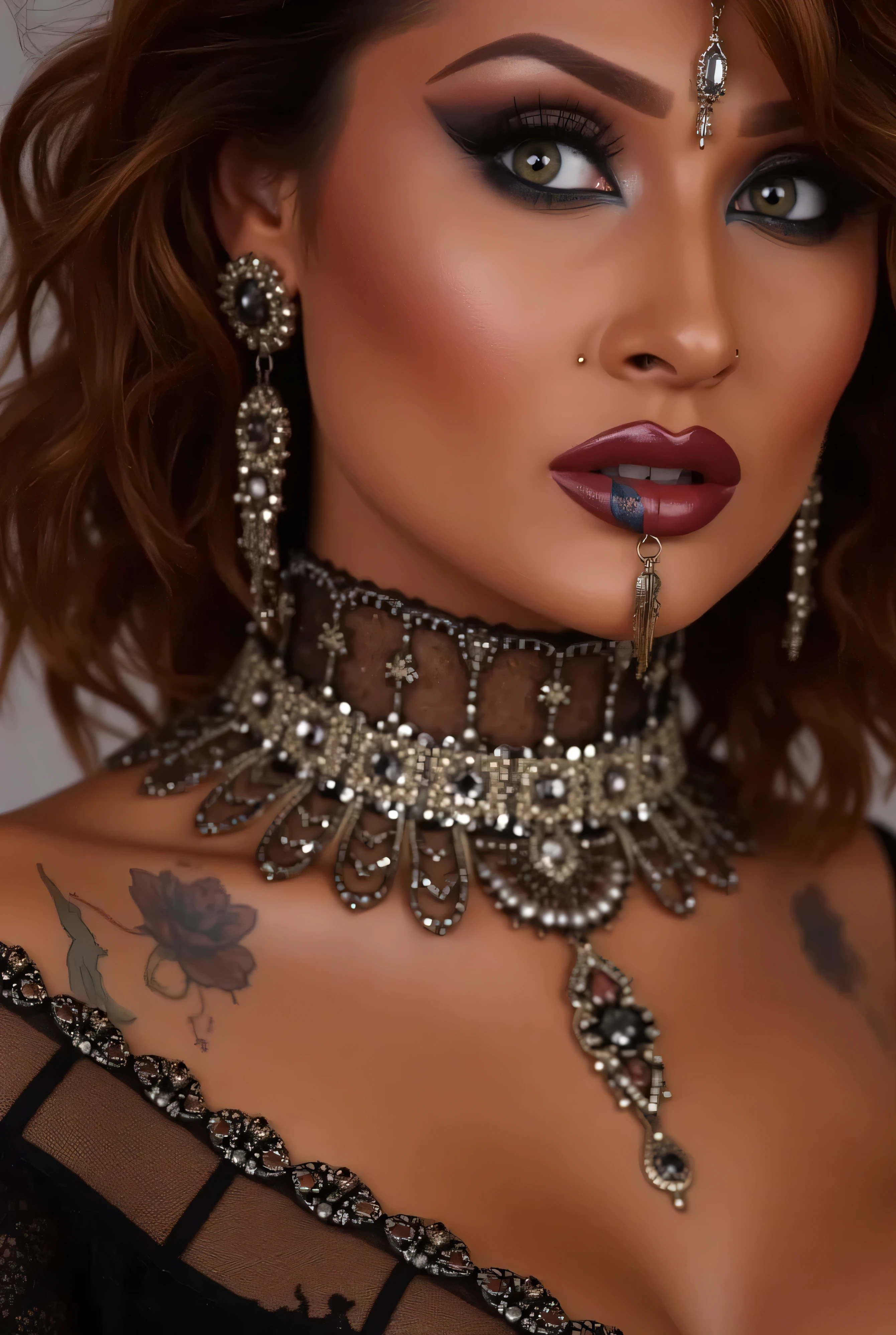 Close-up of a very sexy and creatively decorated woman's lips, out of the box, troublemaker, realistic photography, masterpiece, deep cleavage, massive breasts, Body peircing flyer including needles peircing