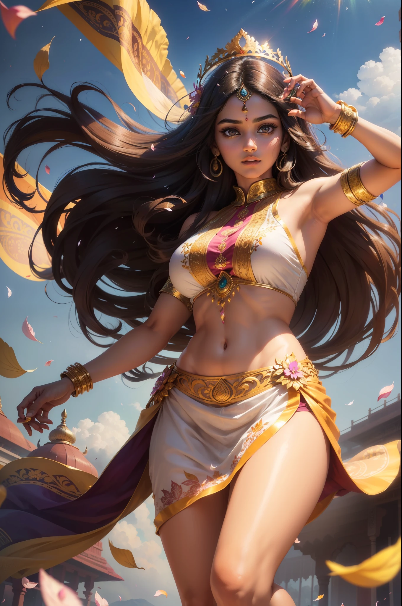 Lucy Pinder as a fairy, floating in mid air, beside a river, flowers in hand, dark brown long hair, beautiful, one hand raised, wearing a white silk strapless bra and a transparent full sarees, wearing heavy gold ornaments, big smile, full body, mountains in background,  photorealistic, High resolution