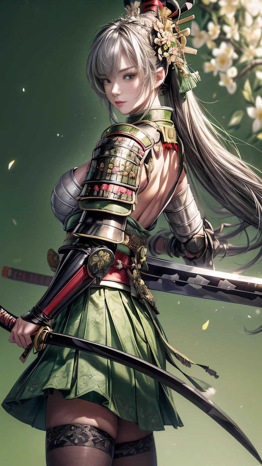 young woman,Oiran,warrior,(wielding a huge_weapon:1.6), very detailedな, realist,(over the shoulder:1.6),(combat posture:1.8), Brilliant Appearance ,extremely detailed, Imaginative,sensual ,top quality, skin texture,(Milkmaid braid hair),(Ash gray hair:1.3),(huge breasts),(sideboob),(Samurai armor:1.6),(White Cloak), (gypsy skirt),(garter belt:1.3),(black tights at a distance),(absolute region with to), Intricate Details ,(cinematic lighting),(pastel green background:1.3), (Flower Annabelle confetti:1.3),(Flower Annabelle:1.3), RAW photos , 8k, masterpiece, top quality,ultra detail,very detailed, Intricate Details ,high resolution,超Intricate Details,very detailed 8k cg wallpaper,