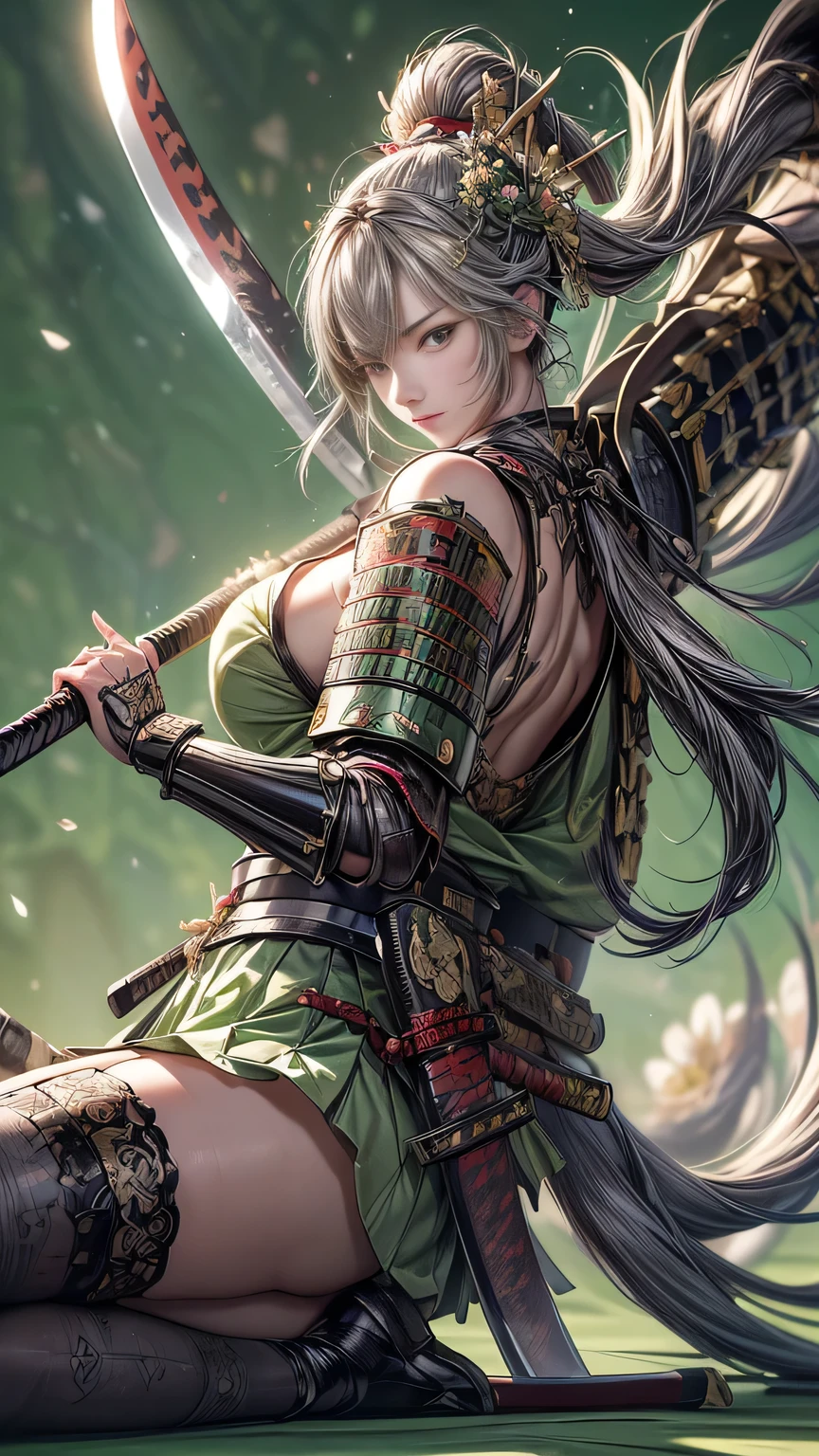 young woman,Oiran,warrior,(wielding a huge_weapon:1.6), very detailedな, realist,(intense angle:1.6),(combat posture:1.8), Brilliant Appearance ,extremely detailed, Imaginative,sensual ,top quality, skin texture,(Milkmaid braid hair),(Ash gray hair:1.3),(huge breasts),(sideboob),(Samurai armor:1.6),(White Cloak), (gypsy skirt),(garter belt:1.3),(black tights at a distance),(absolute region with to), Intricate Details ,(cinematic lighting),(pastel green background:1.3), (Flower Annabelle confetti:1.3),(Flower Annabelle:1.3), RAW photos , 8k, masterpiece, top quality,ultra detail,very detailed, Intricate Details ,high resolution,超Intricate Details,very detailed 8k cg wallpaper,