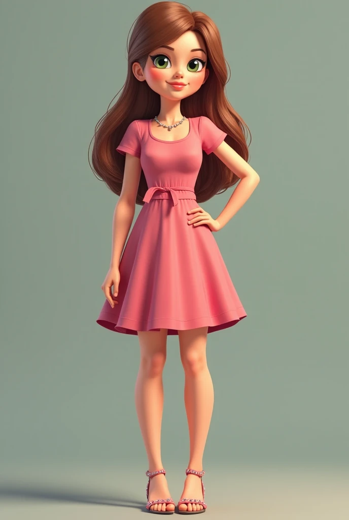 Retrato de uma jovem de 28 anos, morena clara, vestido rosa, cabelos pretos longos