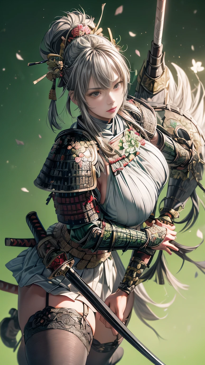 young woman,Oiran,warrior,(wielding a huge_weapon:1.6), very detailedな, realist,(from above:1.6),(combat posture:1.8), Brilliant Appearance ,extremely detailed, Imaginative,sensual ,top quality,  skin texture,(Milkmaid braid hair),(Ash gray hair:1.3),(huge breasts),(sideboob),(Samurai armor:1.6),(White Cloak), (gypsy skirt),(garter belt:1.3),(black tights at a distance),(absolute region with to), Intricate Details ,(cinematic lighting),(pastel green background:1.3), (Flower Annabelle confetti:1.3),(Flower Annabelle:1.3),  RAW photos , 8k, masterpiece, top quality,ultra detail,very detailed, Intricate Details ,high resolution,超Intricate Details,very detailed 8k cg wallpaper,