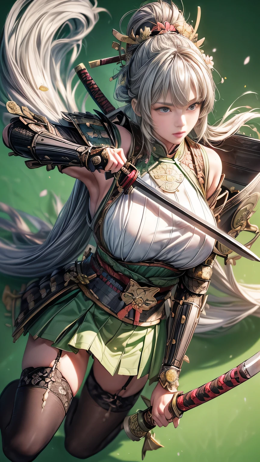 young woman,Oiran,warrior,(wielding a huge_weapon:1.6), very detailedな, realist,(from above:1.6),(combat posture:1.8), Brilliant Appearance ,extremely detailed, Imaginative,sensual ,top quality, skin texture,(Milkmaid braid hair),(Ash gray hair:1.3),(huge breasts),(sideboob),(Samurai armor:1.6),(White Cloak), (gypsy skirt),(garter belt:1.3),(black tights at a distance),(absolute region with to), Intricate Details ,(cinematic lighting),(pastel green background:1.3), (Flower Annabelle confetti:1.3),(Flower Annabelle:1.3), RAW photos , 8k, masterpiece, top quality,ultra detail,very detailed, Intricate Details ,high resolution,超Intricate Details,very detailed 8k cg wallpaper,