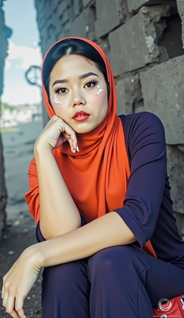(photorealism), (masterpiece) (Indonesian selebration independens day)
a beautiful Indonesian woman, wearing a long sleeves white t-shirt that reaches below her buttocks and long sleeves, tight jeans, a red hijab, black suglasses on her head, pink lipstick and Indonesian flag on chick, leaning casually against a truck carrying a stack of audio systems about 3 meters high. The truck has been decorated with colorful cloth and beautifully shaped with the backdrop of the August parade, on the side of the truck there is an art poster that says "BREWOG AUDIO" large and can be read very clearly, the sky is blue, sunlight, outdor, relaxed pose, realistic, intricate details, warm colors, clowdy sky, Focus, Focus, realistic, 5D 8K