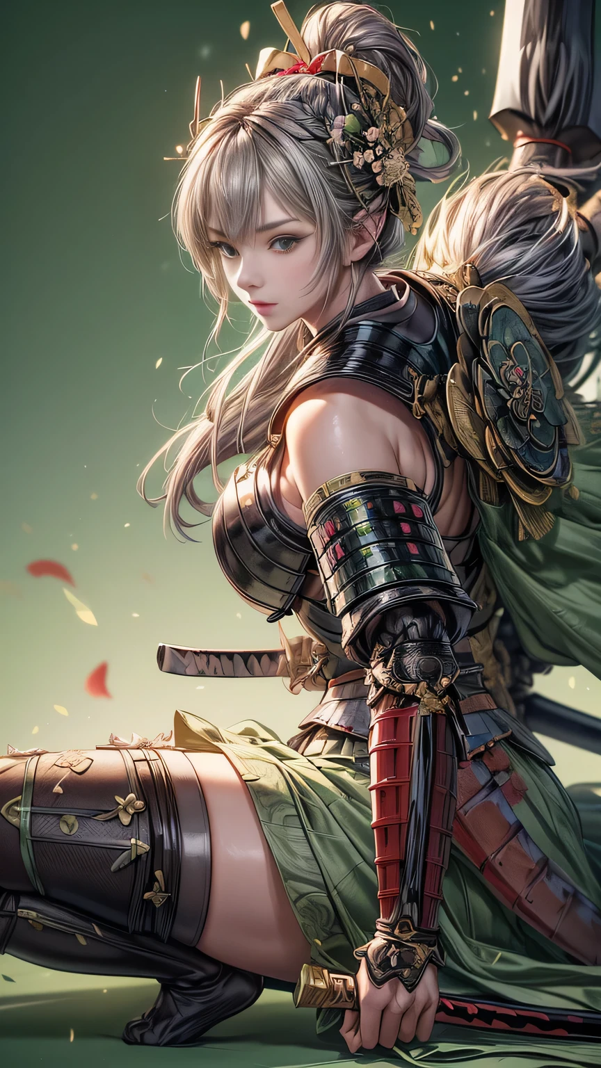 young woman,Oiran,warrior,(wielding a huge_weapon:1.6), very detailedな, realist,(close up:1.6),(combat posture:1.8), Brilliant Appearance ,extremely detailed, Imaginative,sensual ,top quality, skin texture,(Milkmaid braid hair),(Ash gray hair:1.3),(huge breasts),(sideboob),(Samurai armor:1.6),(White Cloak), (gypsy skirt),(garter belt:1.3),(black tights at a distance),(absolute region with to), Intricate Details ,(cinematic lighting),(pastel green background:1.3), (Flower Annabelle confetti:1.3),(Flower Annabelle:1.3), RAW photos , 8k, masterpiece, top quality,ultra detail,very detailed, Intricate Details ,high resolution,超Intricate Details,very detailed 8k cg wallpaper,