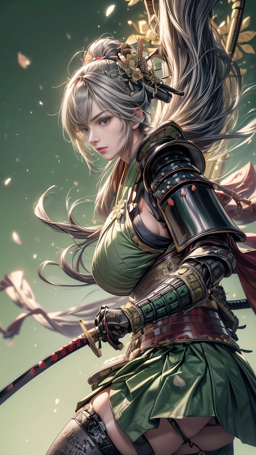 young woman,Oiran,warrior,(wielding a huge_weapon:1.6), very detailedな, realist,(close up:1.6),(combat posture:1.8), Brilliant Appearance ,extremely detailed, Imaginative,sensual ,top quality,  skin texture,(Milkmaid braid hair),(Ash gray hair:1.3),(huge breasts),(sideboob),(Samurai armor:1.6),(White Cloak), (gypsy skirt),(garter belt:1.3),(black tights at a distance),(absolute region with to), Intricate Details ,(cinematic lighting),(pastel green background:1.3), (Flower Annabelle confetti:1.3),(Flower Annabelle:1.3),  RAW photos , 8k, masterpiece, top quality,ultra detail,very detailed, Intricate Details ,high resolution,超Intricate Details,very detailed 8k cg wallpaper,