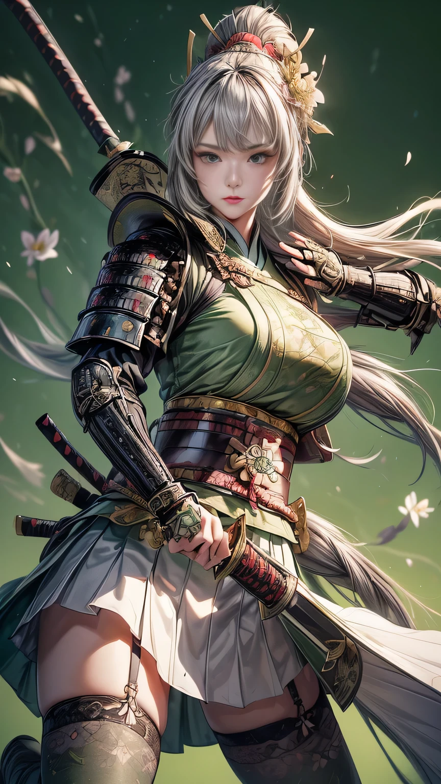 young woman,Oiran,warrior,(wielding a huge_weapon:1.6), very detailedな, realist,(from front:1.6),(combat posture:1.8), Brilliant Appearance ,extremely detailed, Imaginative,sensual ,top quality,  skin texture,(Milkmaid braid hair),(Ash gray hair:1.3),(huge breasts),(sideboob),(Samurai armor:1.6),(White Cloak), (gypsy skirt),(garter belt:1.3),(black tights at a distance),(absolute region with to), Intricate Details ,(cinematic lighting),(pastel green background:1.3), (Flower Annabelle confetti:1.3),(Flower Annabelle:1.3),  RAW photos , 8k, masterpiece, top quality,ultra detail,very detailed, Intricate Details ,high resolution,超Intricate Details,very detailed 8k cg wallpaper,