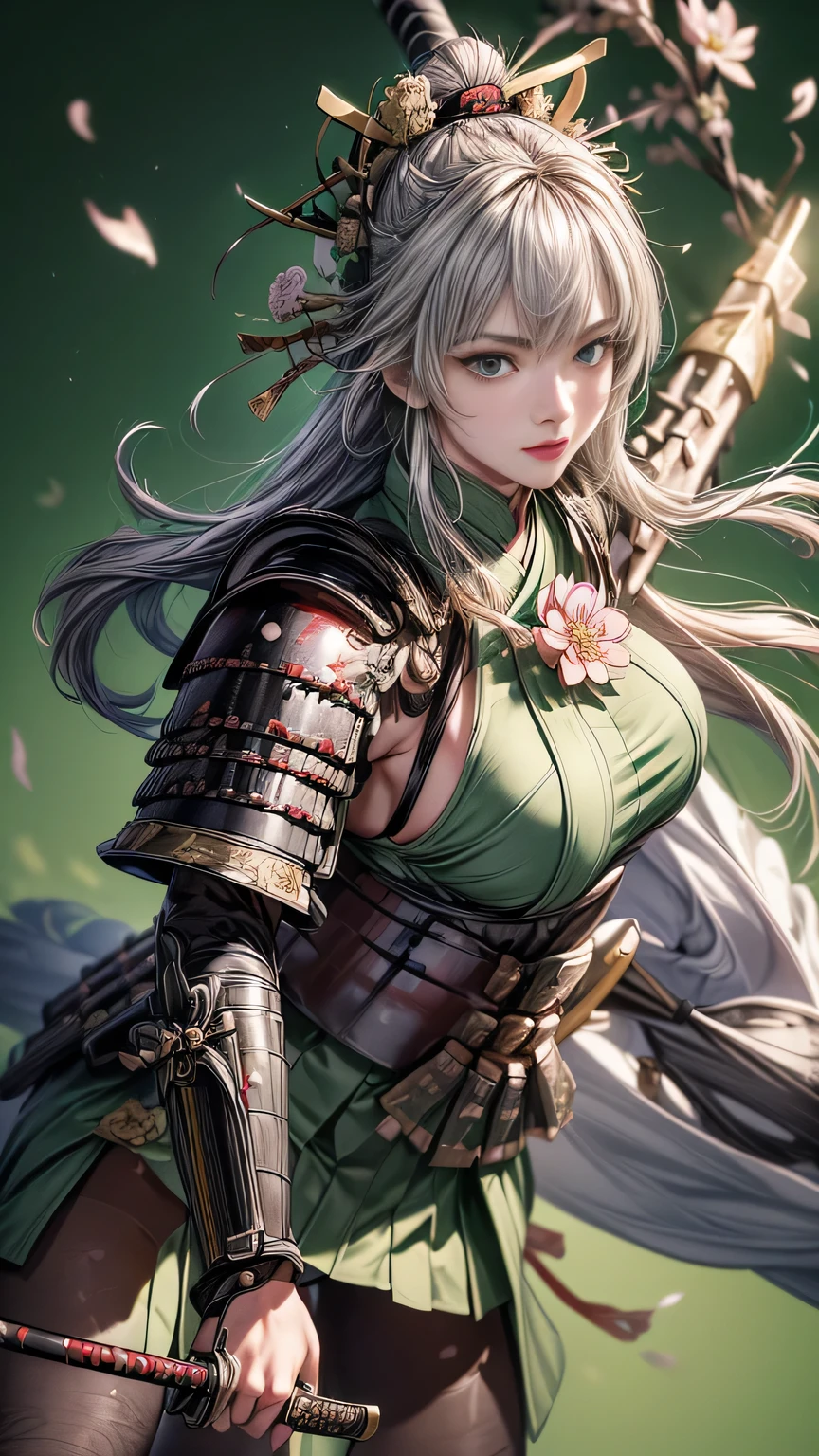 young woman,Oiran,warrior,(wielding a huge_weapon:1.6), very detailedな, realist,(face close up:1.6),(combat posture:1.8), Brilliant Appearance ,extremely detailed, Imaginative,sensual ,top quality, skin texture,(Milkmaid braid hair),(Ash gray hair:1.3),(huge breasts),(sideboob),(Samurai armor:1.6),(White Cloak), (gypsy skirt),(garter belt:1.3),(black tights at a distance),(absolute region with to), Intricate Details ,(cinematic lighting),(pastel green background:1.3), (Flower Annabelle confetti:1.3),(Flower Annabelle:1.3), RAW photos , 8k, masterpiece, top quality,ultra detail,very detailed, Intricate Details ,high resolution,超Intricate Details,very detailed 8k cg wallpaper,