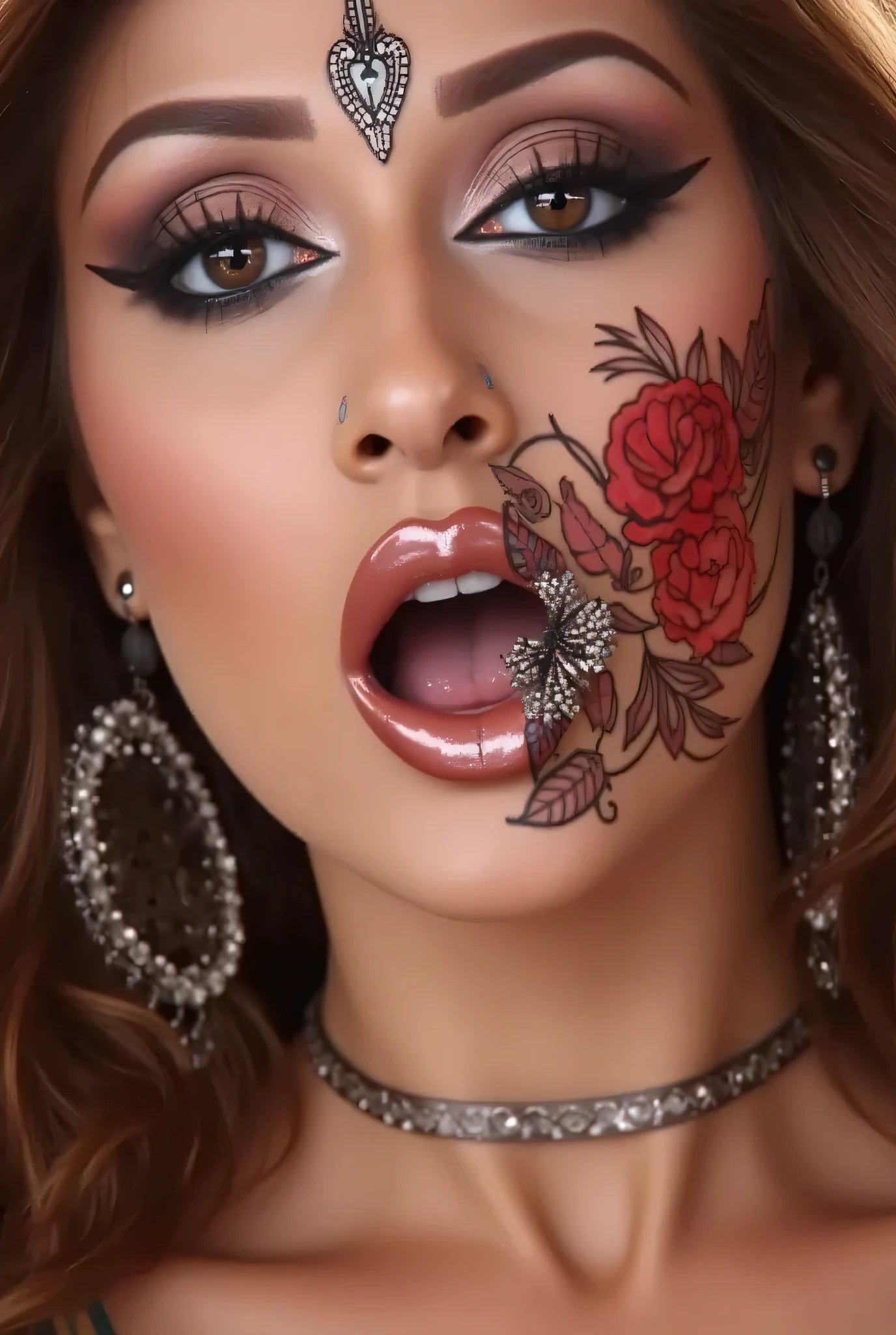 Close-up of a very sexy and creatively decorated woman's lips, out of the box, troublemaker, realistic photography, masterpiece, deep cleavage, massive breasts, Body peircing flyer including needles peircing