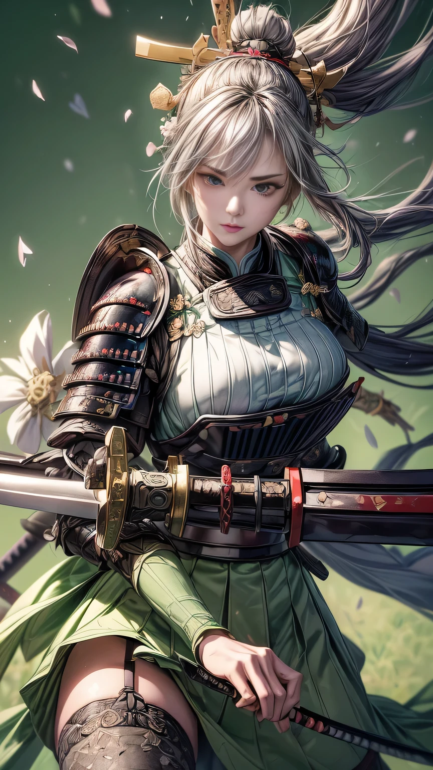 young woman,Oiran,warrior,(wielding a huge_weapon:1.6), very detailedな, realist,(face close up:1.6),(combat posture:1.8), Brilliant Appearance ,extremely detailed, Imaginative,sensual ,top quality, skin texture,(Milkmaid braid hair),(Ash gray hair:1.3),(huge breasts),(sideboob),(Samurai armor:1.6),(White Cloak), (gypsy skirt),(garter belt:1.3),(black tights at a distance),(absolute region with to), Intricate Details ,(cinematic lighting),(pastel green background:1.3), (Flower Annabelle confetti:1.3),(Flower Annabelle:1.3), RAW photos , 8k, masterpiece, top quality,ultra detail,very detailed, Intricate Details ,high resolution,超Intricate Details,very detailed 8k cg wallpaper,