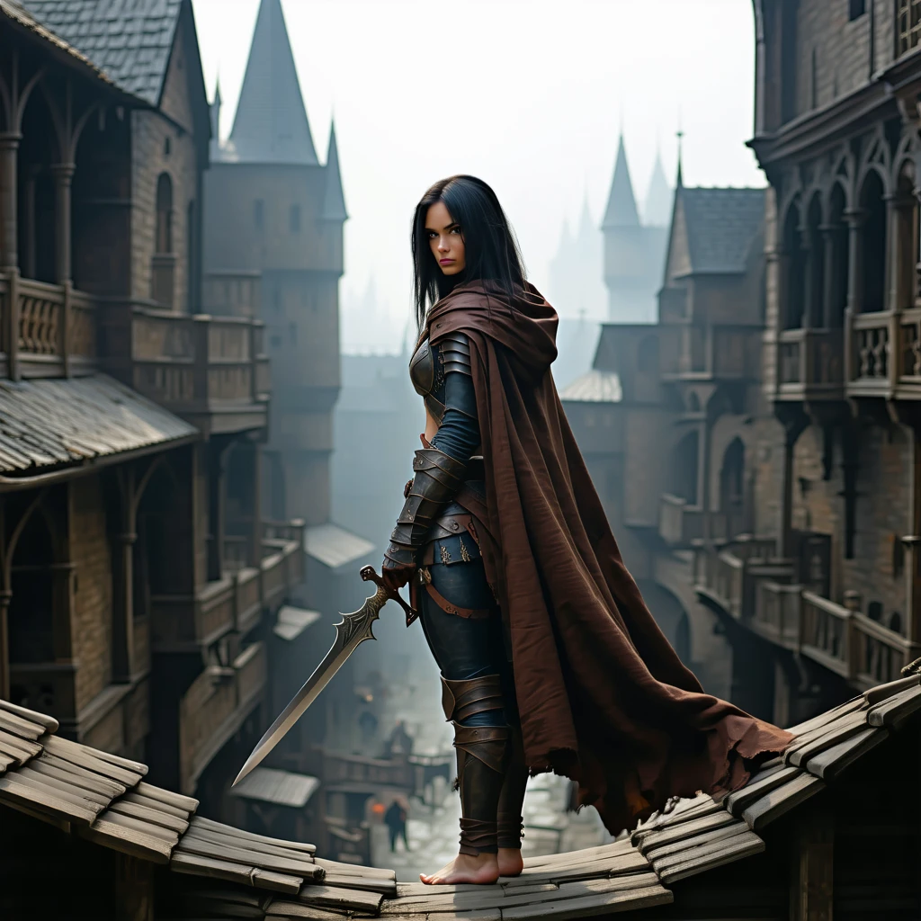 A barefoot beautiful woman thief, shoulder lenght straight hair, black hair, brown cape, wielding a dagger, on a rooftoo of a bulding in a gothic city