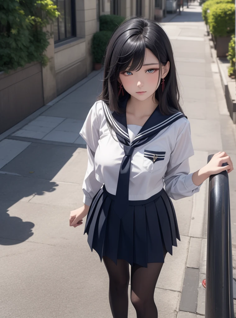 country(blue lane),(origin),school_uniform,1 girl,Alone,outdoor, looking at the viewer,, ,Masterpiece, Best Quality, ultra detailed, illustration,