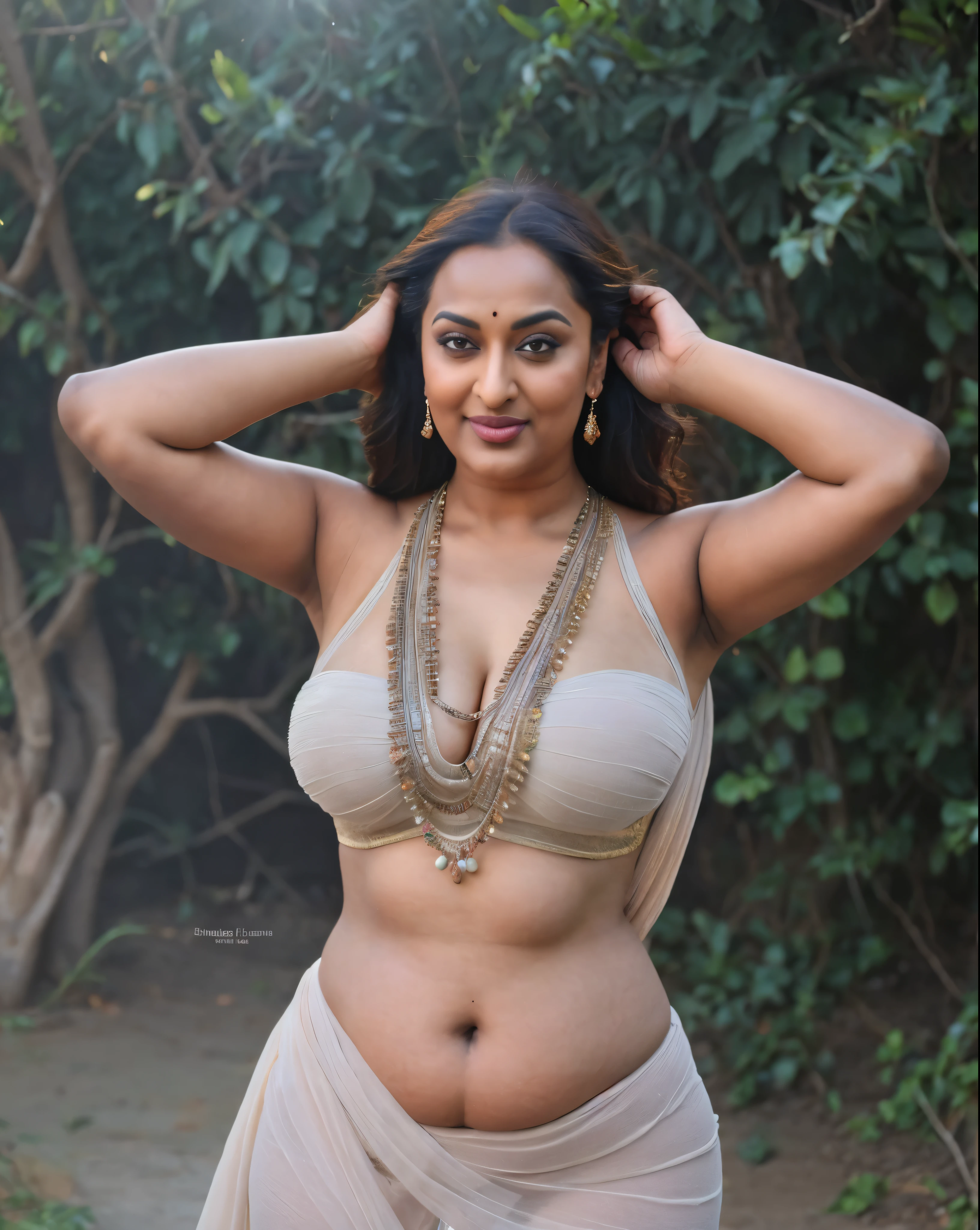 Foto RAW, photorealistic, photography, full body shot, 50 years old Woman, master shot, perfect eyes, goddess like beauty, pierced eyes, perfect thick chubby mallu Desi aunty bhabhi, Wearing a Stanapatta, a chest-band.Saree model, model Photography, Indian saree shoot, Indian traditional wear advertising photography, traditional wear brand shoot, face of Indian actress Sonakshi Sinha, masterpiece, realistic, realism, incredible details, pleasure, photorealism, detailed skin, skin pores, high contrast, photorealistic Artstation 8k HD digital art trend of high definition and detailed realistic skin texture, ultra detail, realistic skin texture, armature, best quality, ultra high definition, (photorealistic:1.4),, high resolution, detail, raw photo, sweat, Re sharp, by Lee Jefferies Nikon D850 Film Stock Photo 4 Kodak Portra 400 Camera F1.6 Lens Rich Color Ultra Real Realistic Realistic Textures Dramatic Lighting Unreal Engine Trending at Art Station Cinestill 800,(pele altamente detalhada: 1.2), 8k UHD, DSLR, soft-lighting, alta qualidade, grain of film, Fujifilm XT3,she didn't like to wear blouse or bra, she is happy to wear only saree, she hates blouse or bra, detailed hairy armpits, hyper realistic skin, skin pores, sweat, veins,
