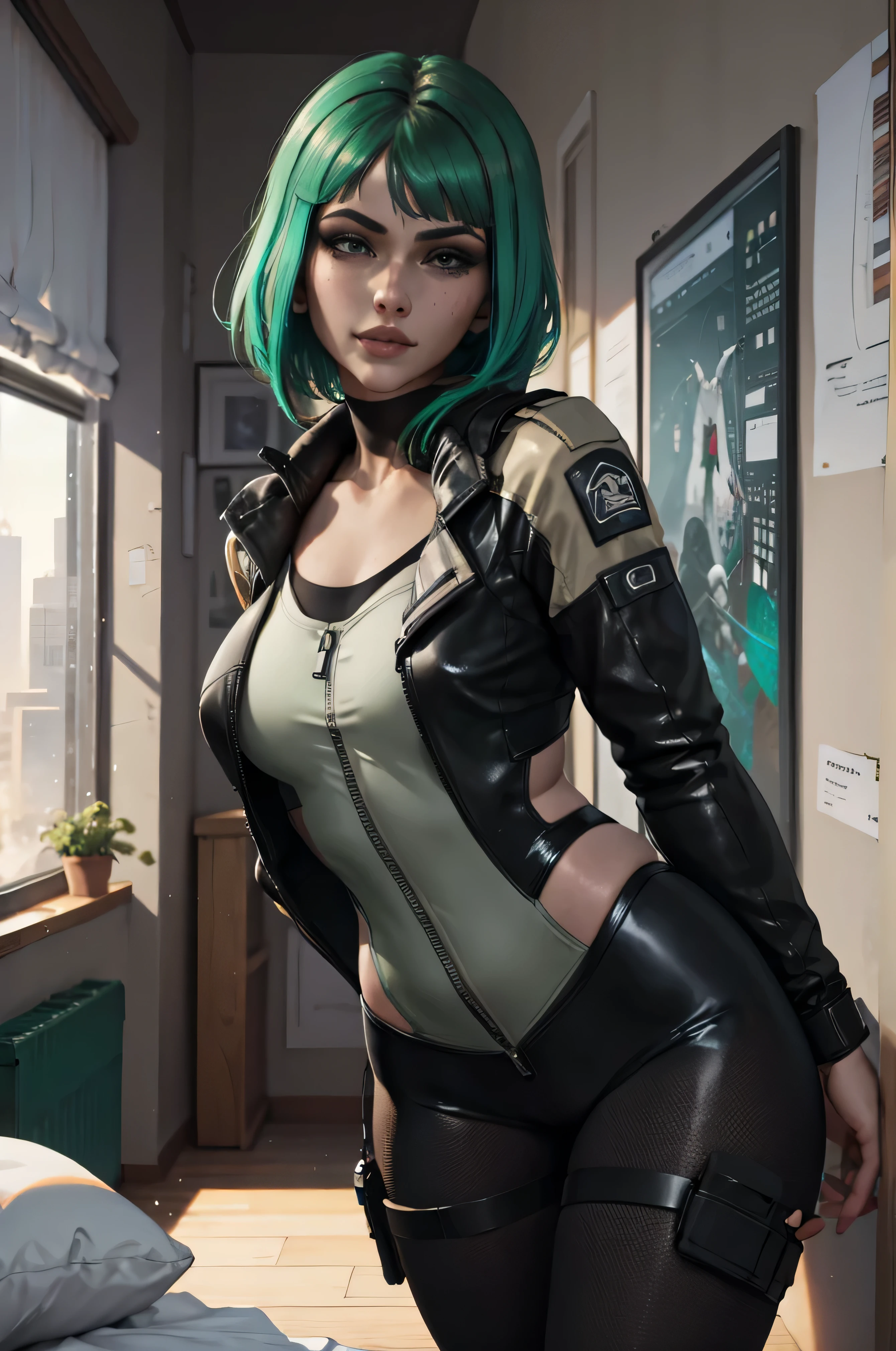 black bodysuit, partially unzipped, EGirlMakeup, science fiction, cyberpunk, seductive smile, looking at viewer, half-closed eyes, covering breasts, on bed, ela_(rainbow_six_siege), masterpiece, best quality, 1girl, solo, green hair, realistic, short hair, (insanely detailed, beautiful detailed face, beautiful detailed eyes, masterpiece, best quality)