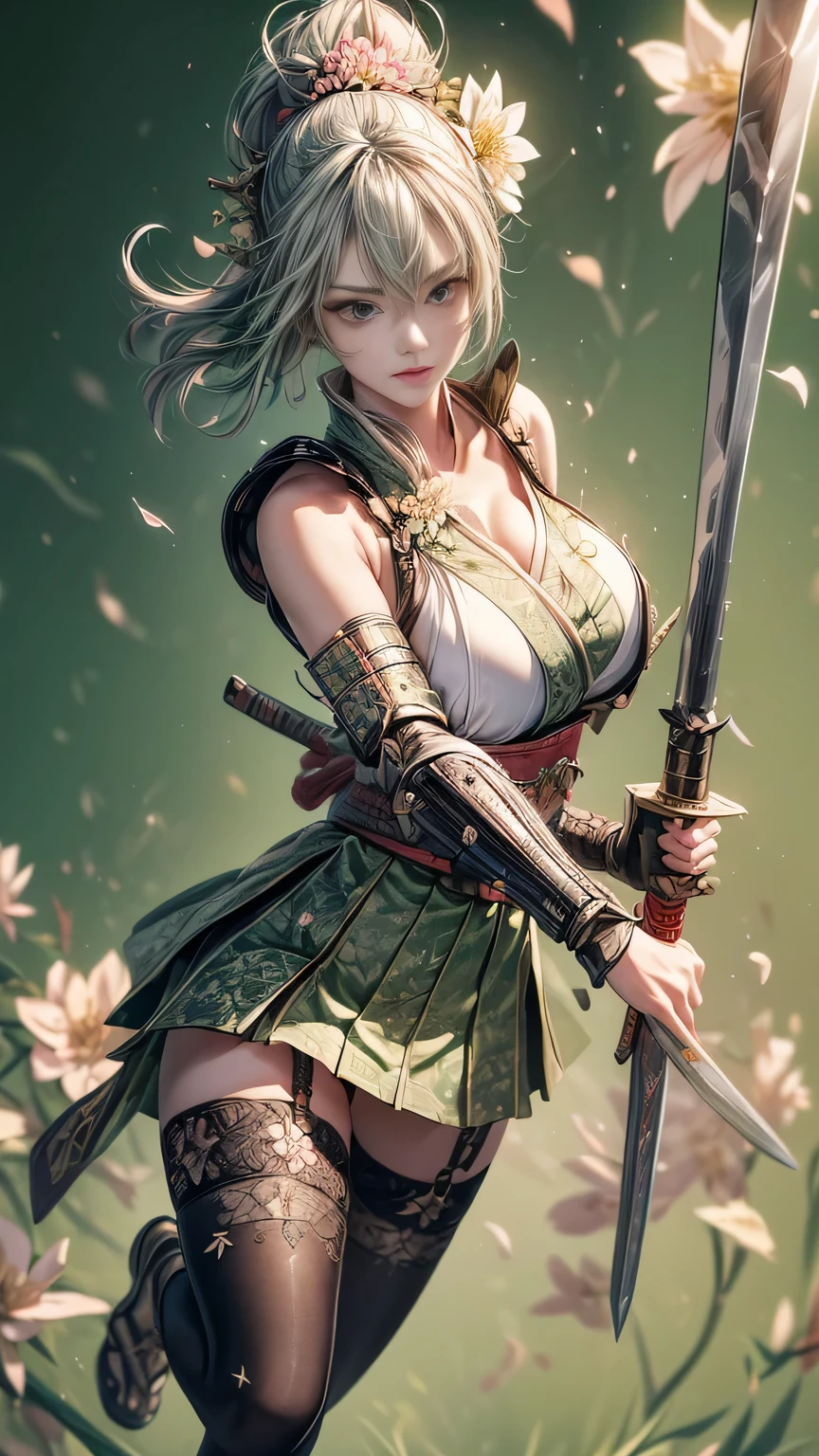 young woman,Oiran,warrior,(wielding a huge_weapon:1.6), very detailedな, realist,(full body:1.3),(combat posture:1.8), Brilliant Appearance ,extremely detailed, Imaginative,sensual ,top quality, skin texture,(Milkmaid braid hair),(Ash gray hair),(huge breasts),(sideboob),(Samurai armor:1.3),(White Cloak), (gypsy skirt),(garter belt:1.3),(black tights at a distance),(absolute region with to), Intricate Details ,(cinematic lighting),(pastel green background:1.3), (Flower Annabelle confetti:1.3),(Flower Annabelle:1.3), RAW photos , 8k, masterpiece, top quality,ultra detail,very detailed, Intricate Details ,high resolution,超Intricate Details,very detailed 8k cg wallpaper,