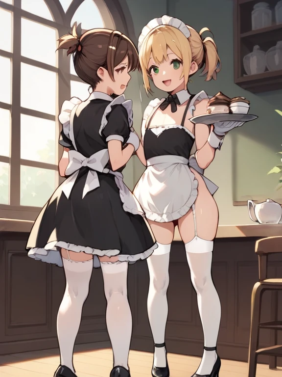 ((2 girls))、((smile))、blush、black shirt、blouse、((fun))、(small breasts)、（small breasts）、Chirarism、black hair、(single braid)、((white apron:1.5))、((maid))、((hair ornaments)),  thighs, 壊す in house, ((in house:1.5))、 BREAK looking at viewer、torn skirt，(grab the skirt:1.0)、 (perfect hands, perfect anatomy),cowboy shot、((shaved pussy:1.5))、(skirt that rolls up:1.3)、(Highly detailed labia fully exposed:1.5)、(Photo seen from below:1.3)、skirtlift