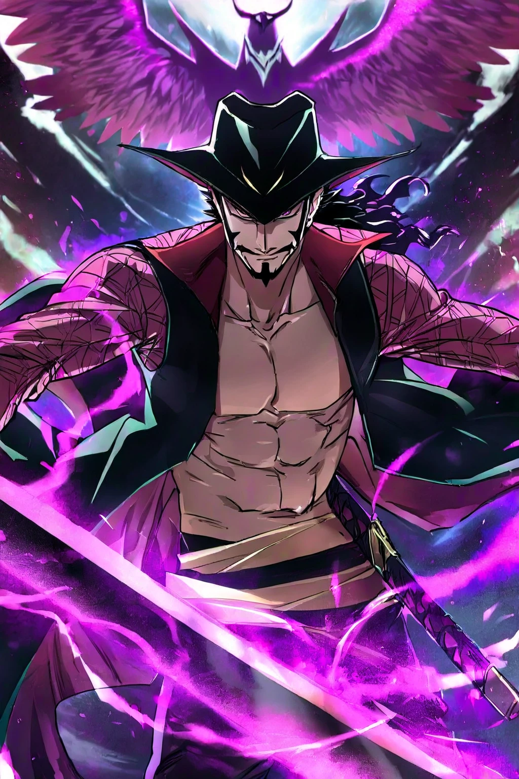 Dracule Mihawk is fighting with his long sword, 1 long black sword, purple dynamic swirls, a mystical purple hawk aura aims his sword with precision, surrounded by swirling ethereal purple energy, epic scene, muscle details, anime style, best resolution, best quality, dynamic lighting, cinematic composition