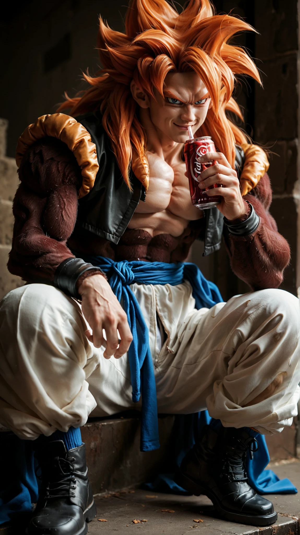 Ssj4 gojeta ,character with a muscular build, featuring spiky orange hair and a confident expression. The character has maroom fur skin and is wearing a black top with a yellow fur-like collar. The outfit includes white baggy pants tied with a blue sash, and black boots. A prominent feature is the long, brown tail extending from the back. He is drinking coca cola