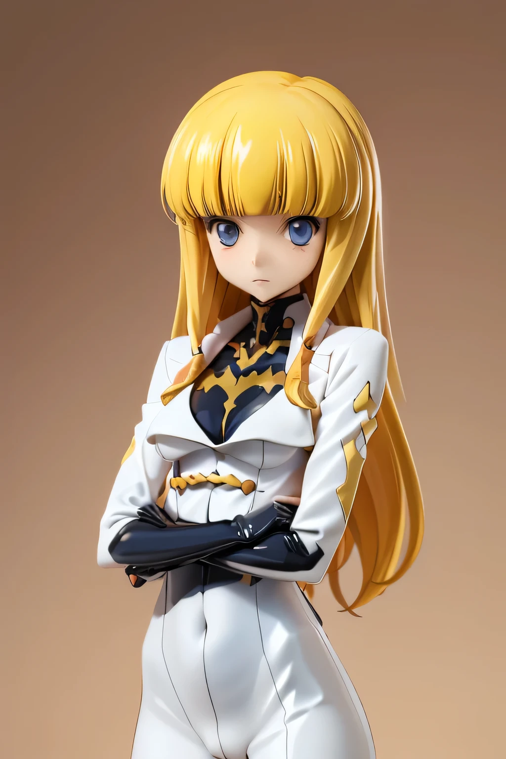 PERFECT ANATOMY top quality,highest resolution,(((shiny latex white bodysuit Shiny Blonde Dark blue eyes shiny skin))) cord gears Monica long hair straight expressionless flat chest woman cool