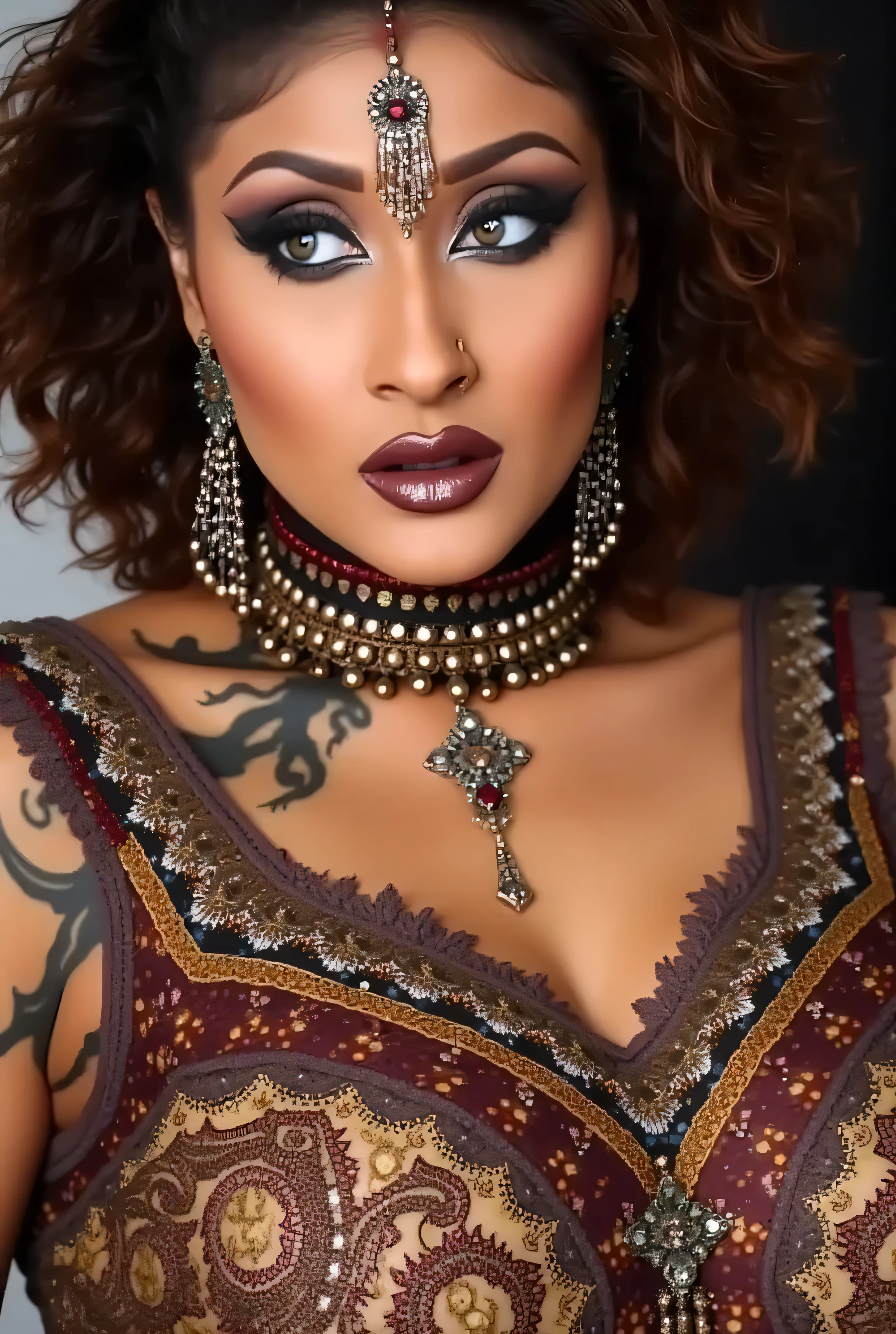 headshot of a very sexy and creatively decorated woman&#39;s lips, out of the box, troublemaker, realistic photography, masterpiece, plump body,deep cleavage, massive breasts,  Body peircing flyer including needles peircing , OM tattoo on breasts