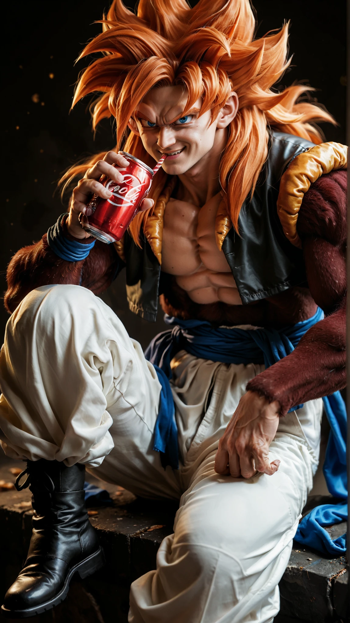 Ssj4 gojeta ,character with a muscular build, featuring spiky orange hair and a confident expression. The character has maroom fur skin and is wearing a black top with a yellow fur-like collar. The outfit includes white baggy pants tied with a blue sash, and black boots. A prominent feature is the long, brown tail extending from the back. He is drinking coca cola