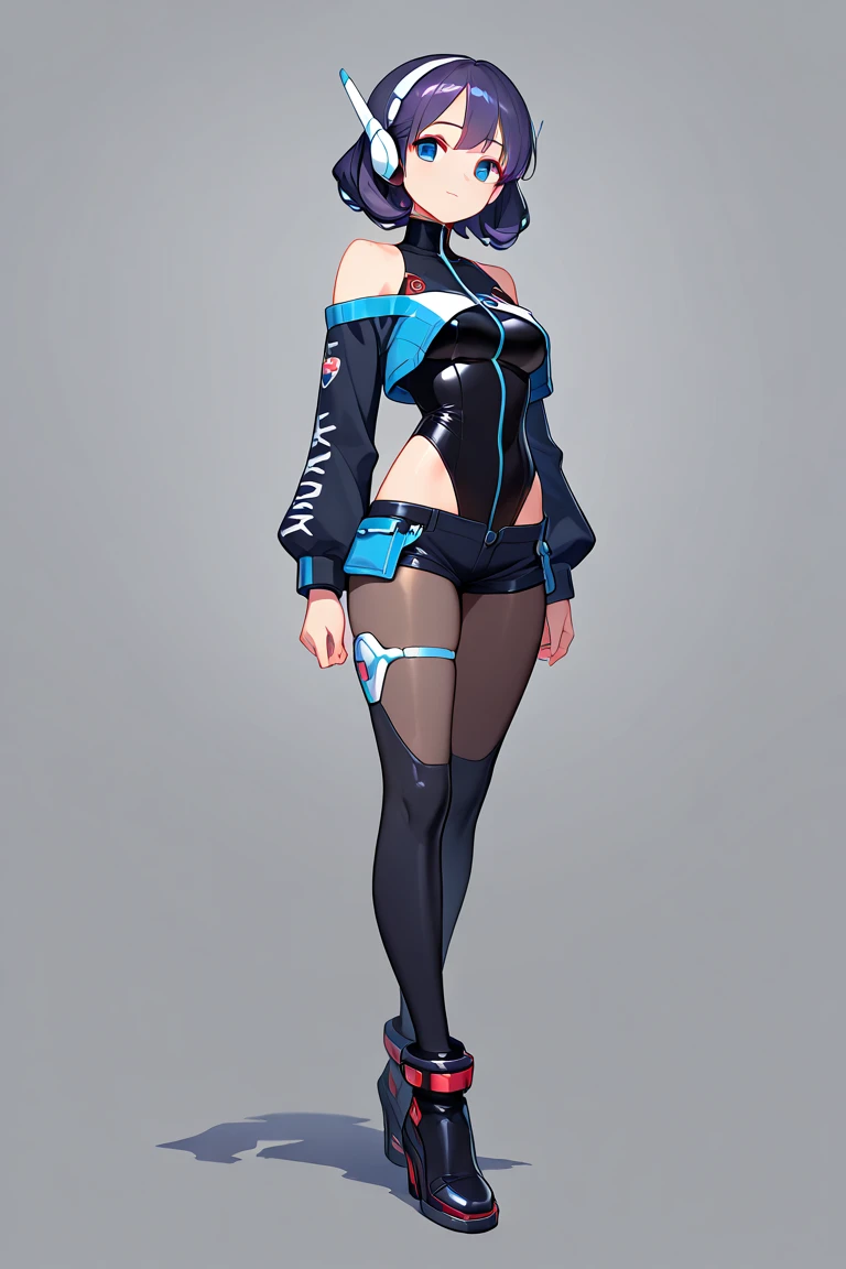(maximum resolution: 1.2), (ultra high definition:1.2), cinema light, 8K resolution, fine eyes and skin, detailed face, perfect style, cute face, Accurate, anatomically correct, Highly detailed face and skin texture, beautiful and meticulous droopy eyes, 23 years old, (black hair:1.5), long hair, parted bangs, blue eyes, (white hairband:1.5), (long sleeves one-piece patternless dark cyan shirt:1.5), (tights:1.2), (boots:1.5), standing sexy posing,