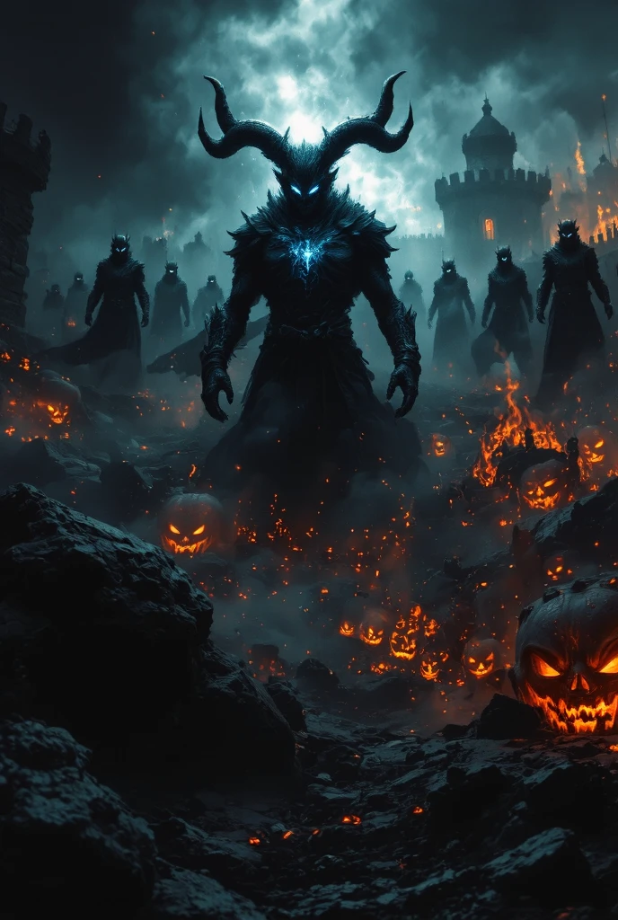 
(ultra high quality) (4k) (perfect details) A Monster with a pumpkin head sitting on a throne, he is surrounded by immense darkness where nothing can be seen other than the fog, he has an Orange staff that has so much power, that only he is able to hold