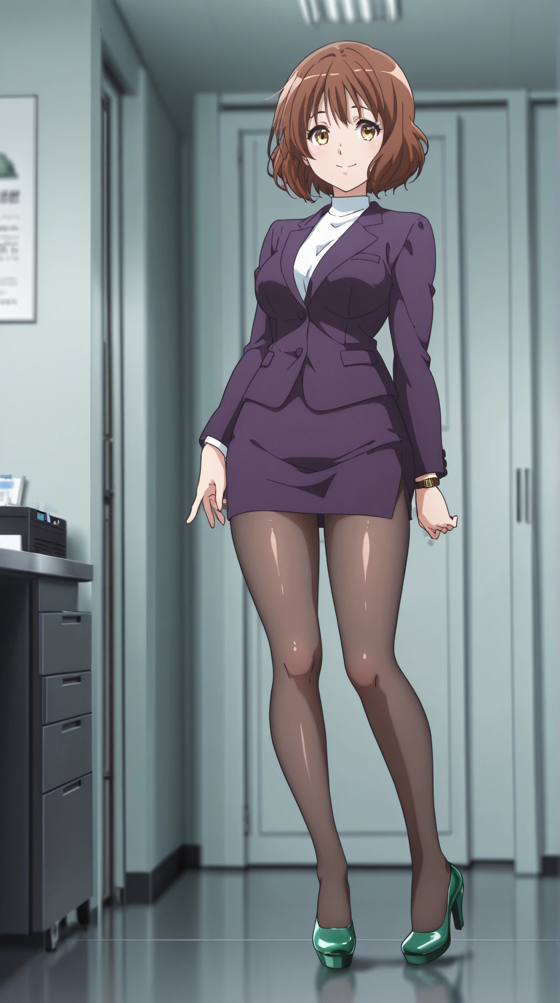 1girl, solo, standing, beautiful woman, milf, office lady ((grey business suit,pants, red tie, red high heels)), large breasts, wide hips, curvy, thick thighs, (bob cut, black hair, blunt bangs, short hair), glasses, lipstick, ((wetting self, peeing self, pee stains, puddle)), full body, ((looking down, blushing, embarassed expression, clenching teeth))