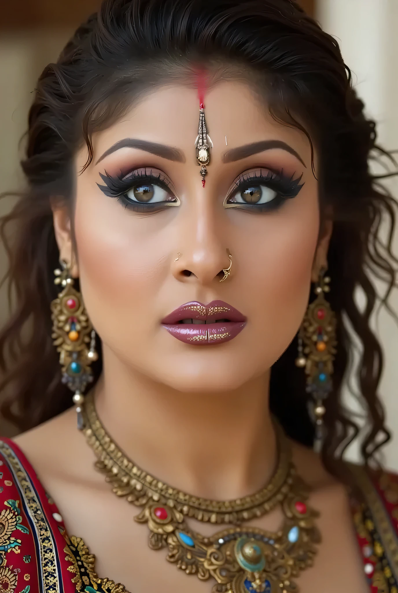 headshot of a very sexy and creatively decorated woman's lips, out of the box, troublemaker, realistic photography, masterpiece, plump body,deep cleavage, massive breasts, Body peircing flyer including needles peircing , OM tattoo on breasts, background is blurr hindu temple