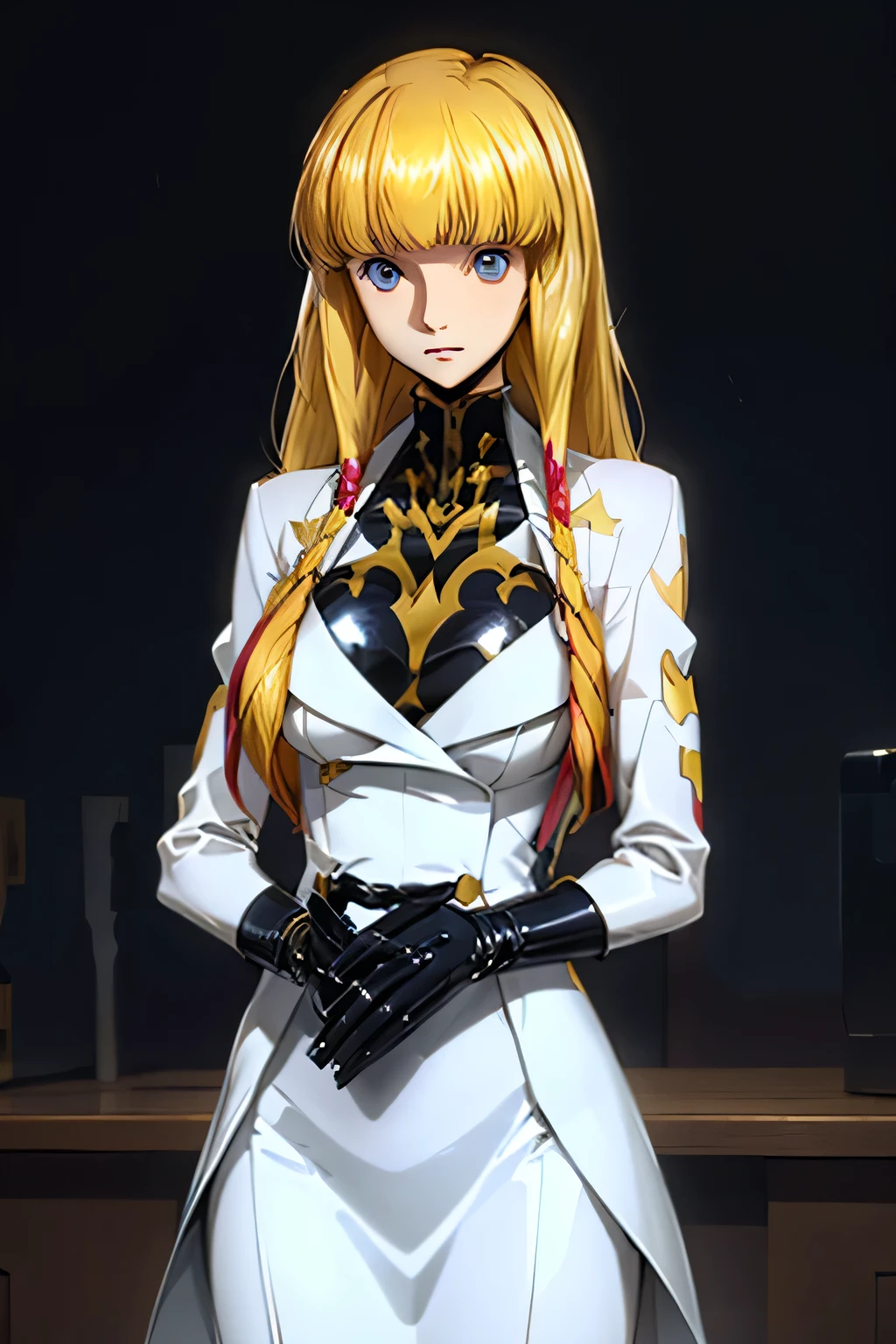 PERFECT ANATOMY　top quality,highest resolution,(((shiny latex white dress　Shiny Blonde　Dark blue eyes　shiny skin)))　cord gears　Monica　long hair　 straight 　expressionless　flat chest　woman　cool