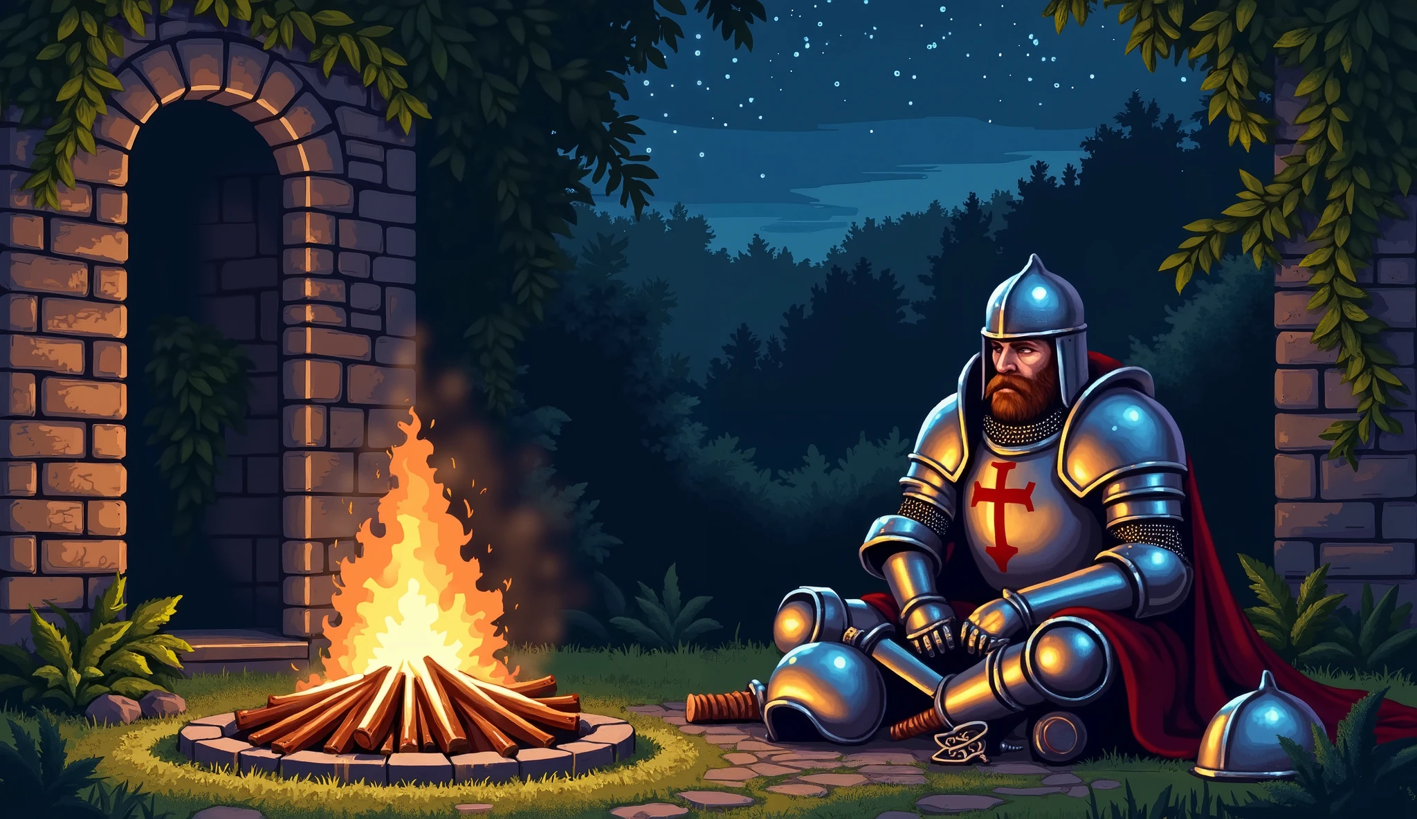 "A medieval knight in full plate armor sits by a crackling bonfire, deep in thought. His helmet is removed and placed beside him on the grass. A large, ornate sword rests near him, and a red cross is displayed on his chestplate. He has a weary yet resolute expression, gazing at the flames. The setting is a quiet, overgrown courtyard with an ancient stone wall covered in ivy, under a starry night sky. The flickering fire casts a warm orange glow, contrasting with the cool blues of the night. The art style is highly detailed pixel art, inspired by classic dark fantasy RPGs, with soft lighting and atmospheric depth