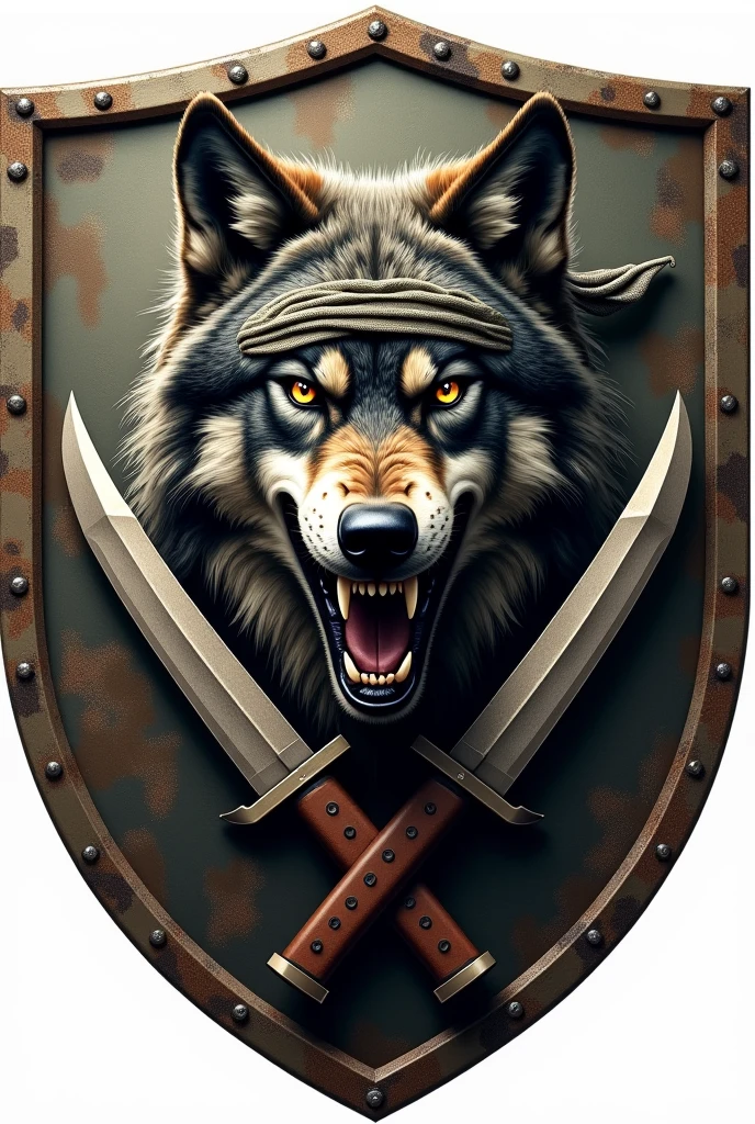 "A military shield with an aged metallic texture and battle scratches. In the center, a fierce wolf with intense eyes and sharp fangs, wearing a tactical bandana. Behind it, two crossed knives and a subtle camouflage background. At the top of the shield, there is a blank banner, with no text, allowing for later customization."