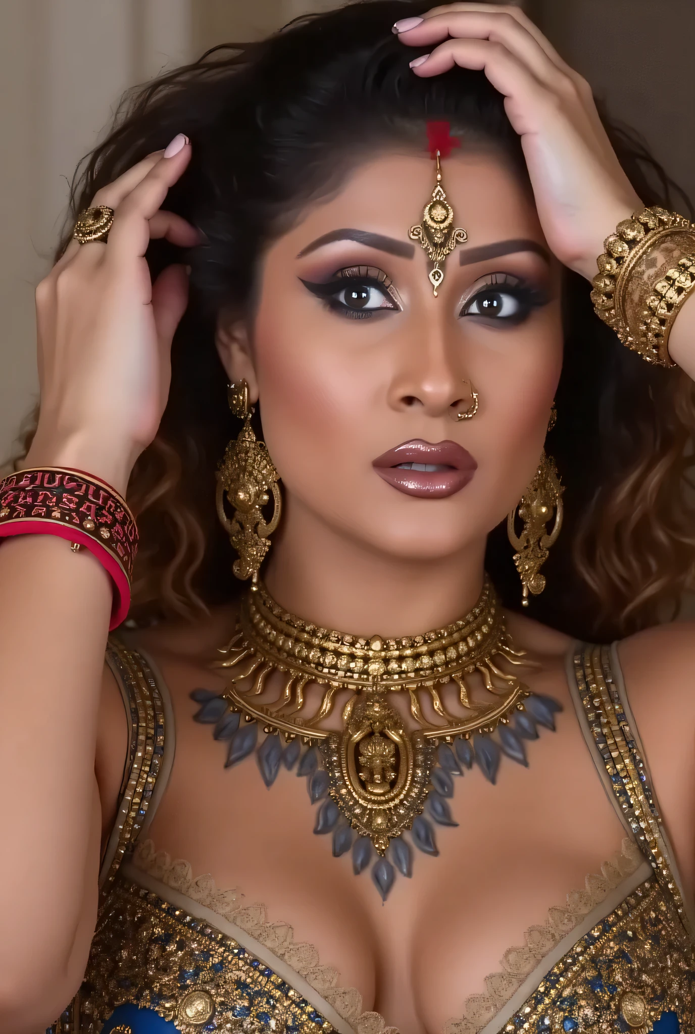 headshot of a very sexy and creatively decorated woman's lips, out of the box, troublemaker, realistic photography, masterpiece, plump body,deep cleavage, massive breasts, Body peircing flyer including needles peircing , hands on her head exposing smooth and wet armpits, OM tattoo on breasts, background is blurr hindu temple