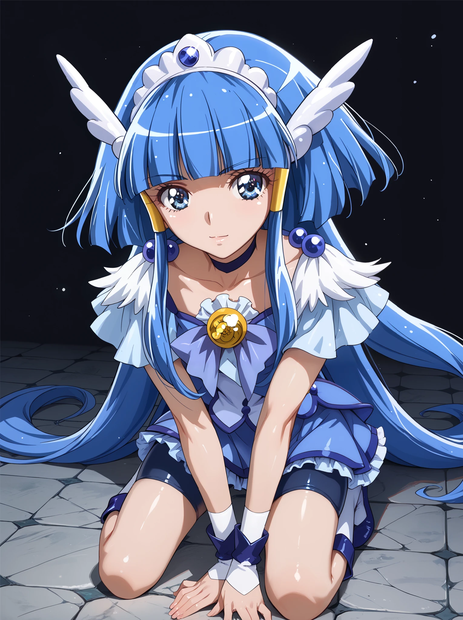 1girl, solo, ((curebeauty)), shiny skin,kneeling,anime coloring,stone floor,black background,dark blue bike shorts,sulking