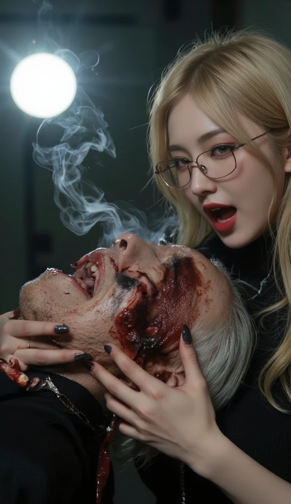 (((photorealistic:1.4))), ultra realistic, pores, (((masterpiece))),high quality, ultra details, realistic smiling white skin beautiful face pretty korean idol adult woman showing very long sharp claws black fingernails, long yellow hair, model, very pretty face, vein on hands, sitting on old man head with deep cuts on throat and ripped, wound, blood splatter, extreme gore, bed, modern luxury hotel room, looking at camera,