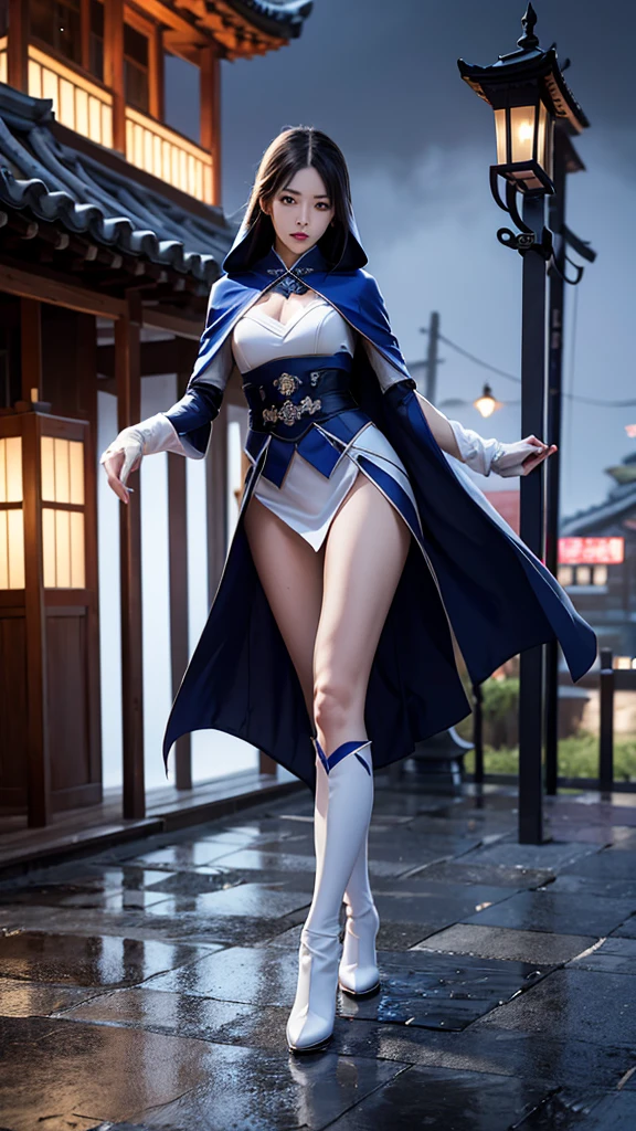 South korea ninja women mystery hooded on with modern royal Blue coat with long and wide sleeves with buttons and royal Blue cape and very high white heel over the knee and white gloves, As she reveals a small secret hidden blade coming from his palm , adding to the character's mysterious and agile appearance, with small movements of air on the cape, she climbs a wall of a tall house, in summer at night under the rain,medieval south korea house. sophisticated and highly detailed, ultra hd, realistic, hyper detailed, enhanced colours, ultra sharp focus, with vibrant, rich in details High quality, gorgeous, captivating, 8k, super detailed, stunning shadows, detailed lines, ready to make a murder