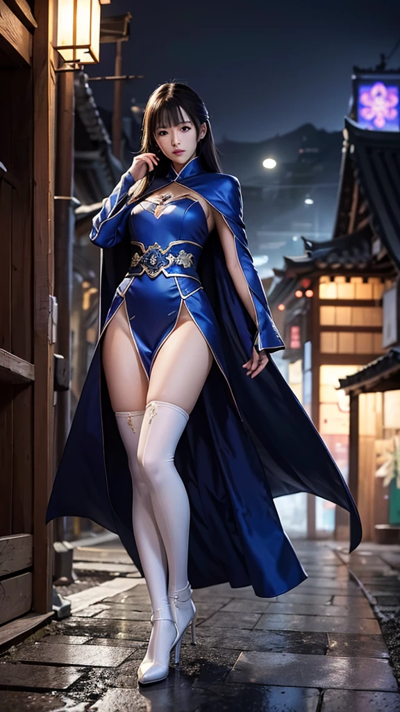 South korea assassin women mystery hooded on with modern royal Blue coat with long and wide sleeves with buttons and royal Blue cape and very high white heel over the knee and white gloves, As she reveals a small secret hidden blade coming from his palm , adding to the character's mysterious and agile appearance, with small movements of air on the cape, jump from roof to roof, in summer at night under the rain,medieval south korea house. sophisticated and highly detailed, ultra hd, realistic, hyper detailed, enhanced colours, ultra sharp focus, with vibrant, rich in details High quality, gorgeous, captivating, 8k, super detailed, stunning shadows, detailed lines, blood stain on coat and gloves, corpses in the street recently murdered