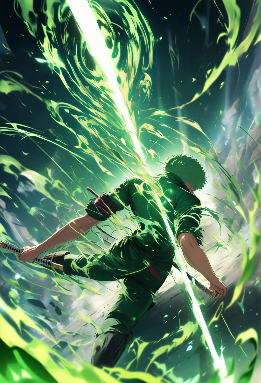 Roronoa Zoro is fighting, green dynamic swirls, a mystical green dragon aura aims his katana with precision, surrounded by swirling ethereal green energy, epic scene, muscle details, dynamic lighting , (dynamic combat pose:1.2), (depth of field:1.1), cinematic lighting