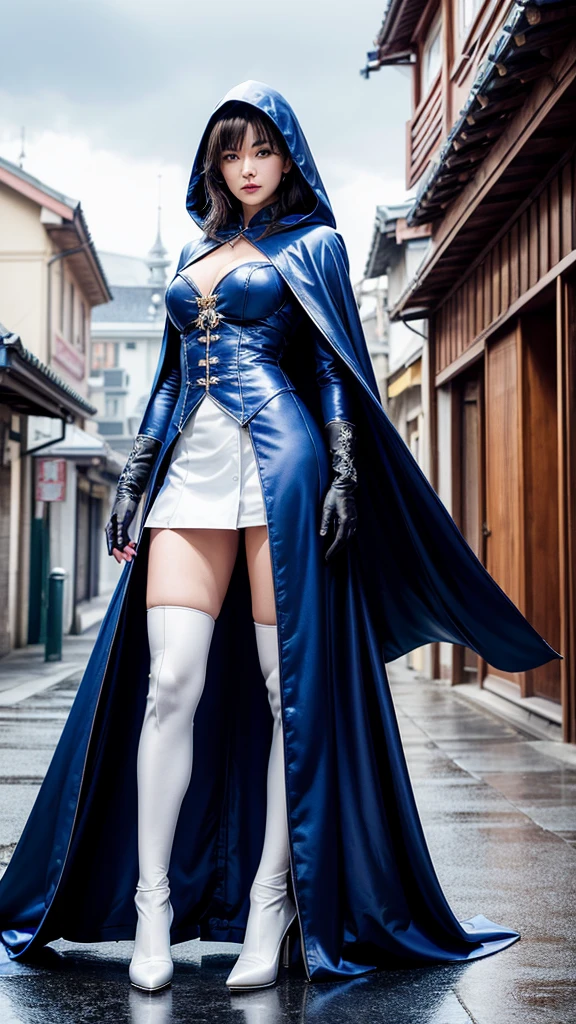 South korea asssassin's creed walk women mystery hooded on with modern royal Blue coat with long and wide sleeves with buttons and royal Blue cape and very high white heel over the knee and white gloves, As she reveals a small secret hidden blade coming from his wrist , adding to the characters mysterious, with small movements of air on the cape, in summer at night under the rain, with buildings featuring curved eaves and detailed architecture. sophisticated and highly detailed, ultra hd, realistic, hyper detailed, enhanced colours, ultra sharp focus, with vibrant, rich in details High quality, gorgeous, captivating, 8k, super detailed, stunning shadows, detailed lines, blood stain on coat and gloves and walls, corpses in the street recently murdered